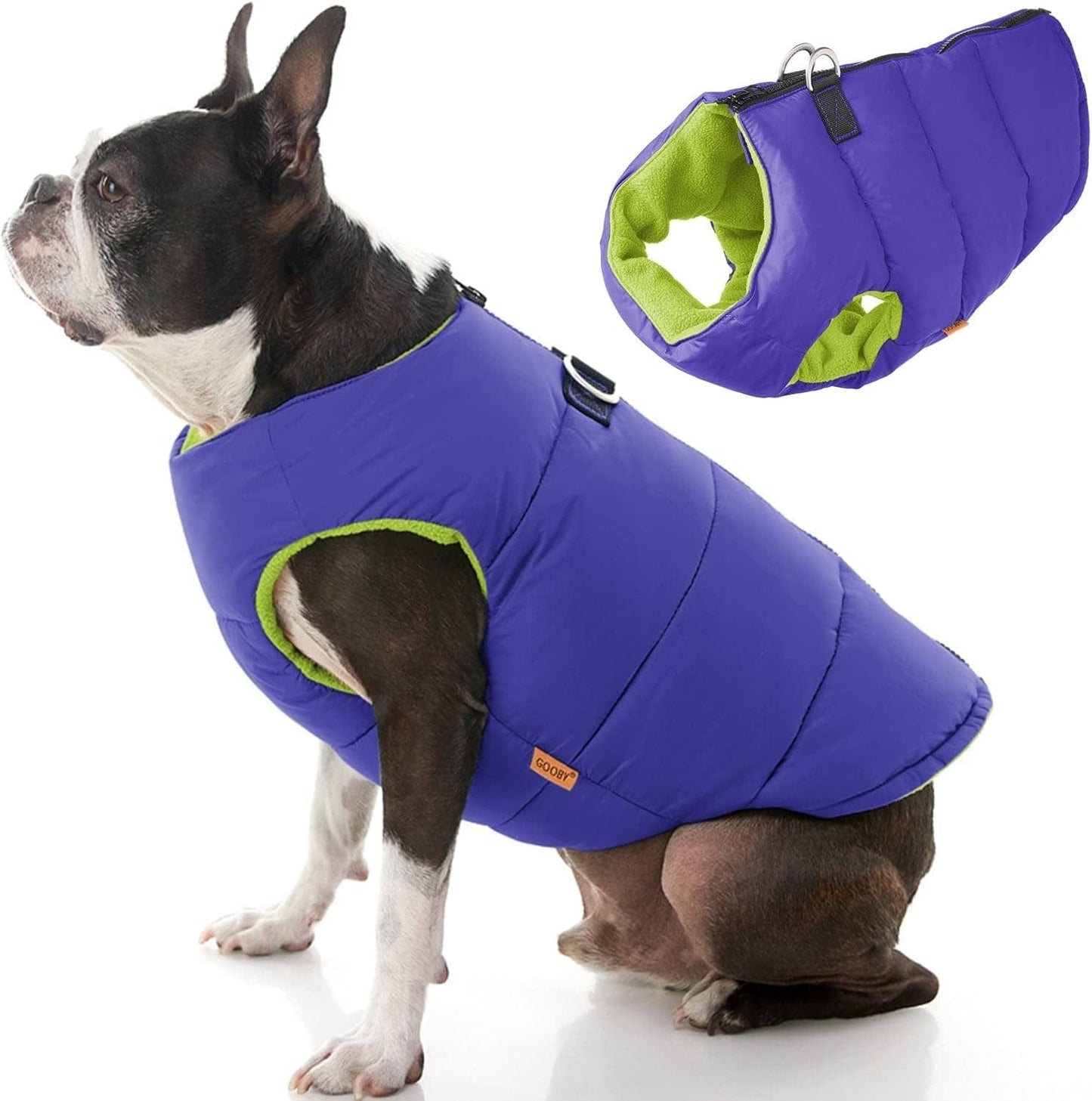 Gooby Padded Vest Dog Jacket - Blue, Large - Warm Zip up Dog Vest Fleece Jacket with Dual D Ring Leash - Winter Water Resistant Small Dog Sweater - Dog Clothes for Small Dogs Boy and Medium Dogs Animals & Pet Supplies > Pet Supplies > Dog Supplies > Dog Apparel Gooby Purple Solid 1 X-Small chest (13")