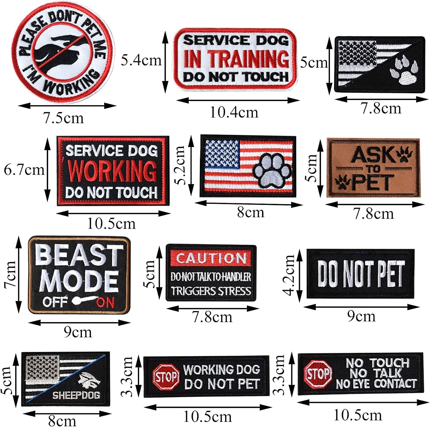 11 Pcs Dog Patches for Service Dog Vest Patch Embroidered Tactical Hook  Loop Harness Removable Set with Velcro,Service Dog & Do Not Pet