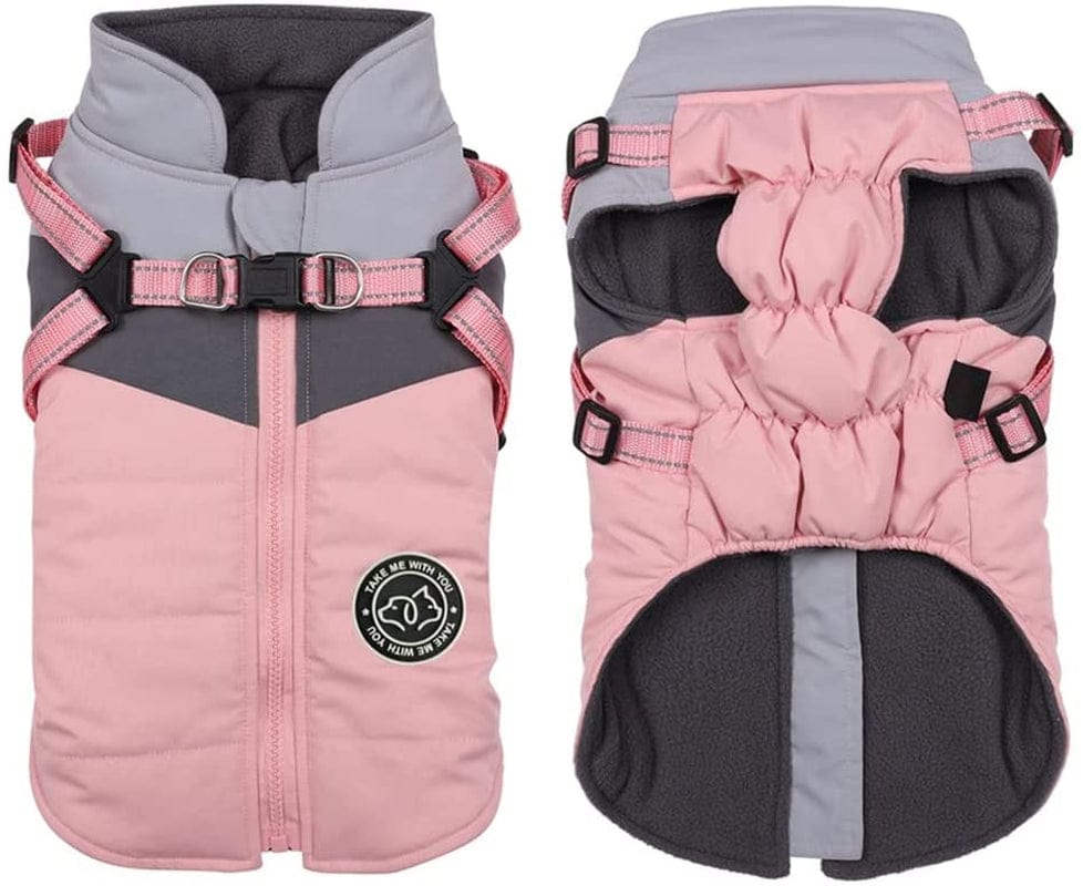 Gyuzh Padded Vest Dog Jacket Warm Zip up Dog Vest Jacket with Harness Winter Small Dog Coat - Dog Clothes for Small Dogs (Pink + Grey, Small) Animals & Pet Supplies > Pet Supplies > Dog Supplies > Dog Apparel Gyuzh Pink + Grey Small 