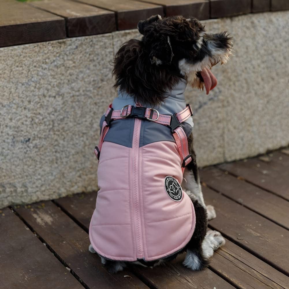 Gyuzh Padded Vest Dog Jacket Warm Zip up Dog Vest Jacket with Harness Winter Small Dog Coat - Dog Clothes for Small Dogs (Pink + Grey, Small) Animals & Pet Supplies > Pet Supplies > Dog Supplies > Dog Apparel Gyuzh   