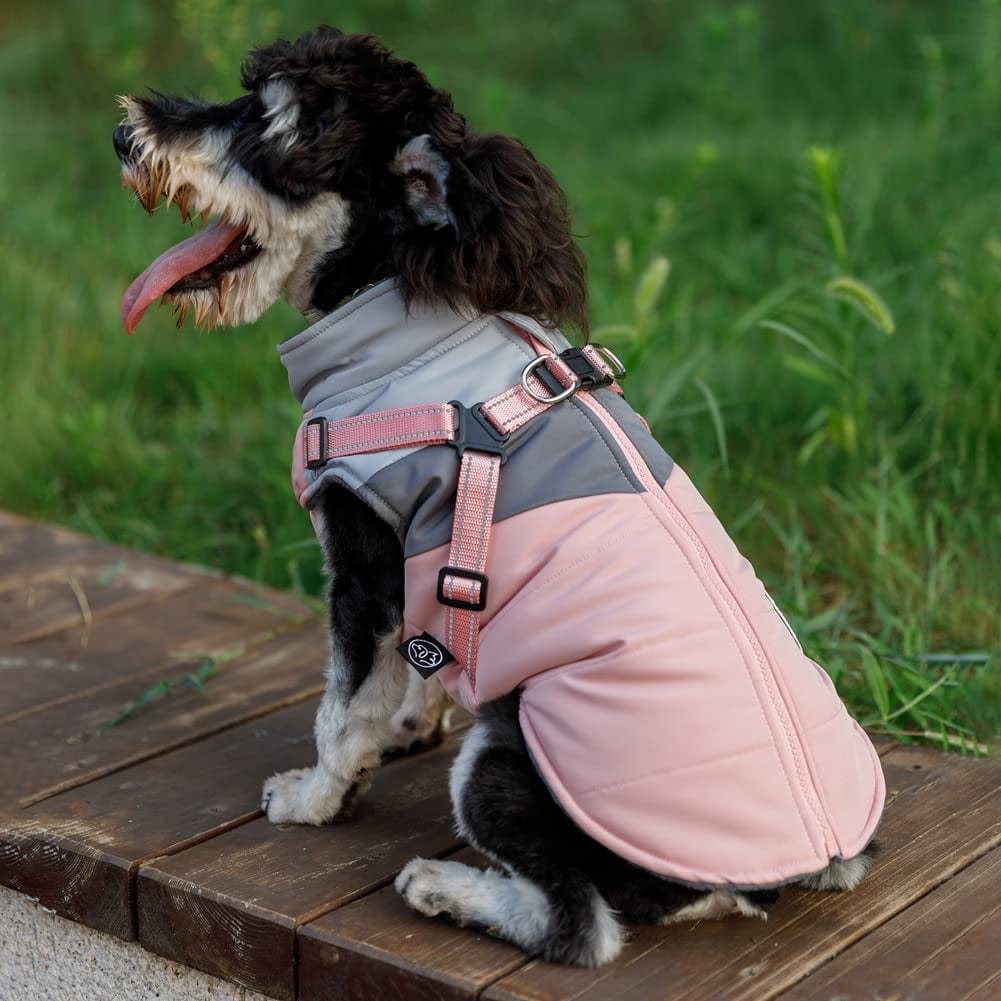 Gyuzh Padded Vest Dog Jacket Warm Zip up Dog Vest Jacket with Harness Winter Small Dog Coat - Dog Clothes for Small Dogs (Pink + Grey, Small) Animals & Pet Supplies > Pet Supplies > Dog Supplies > Dog Apparel Gyuzh   