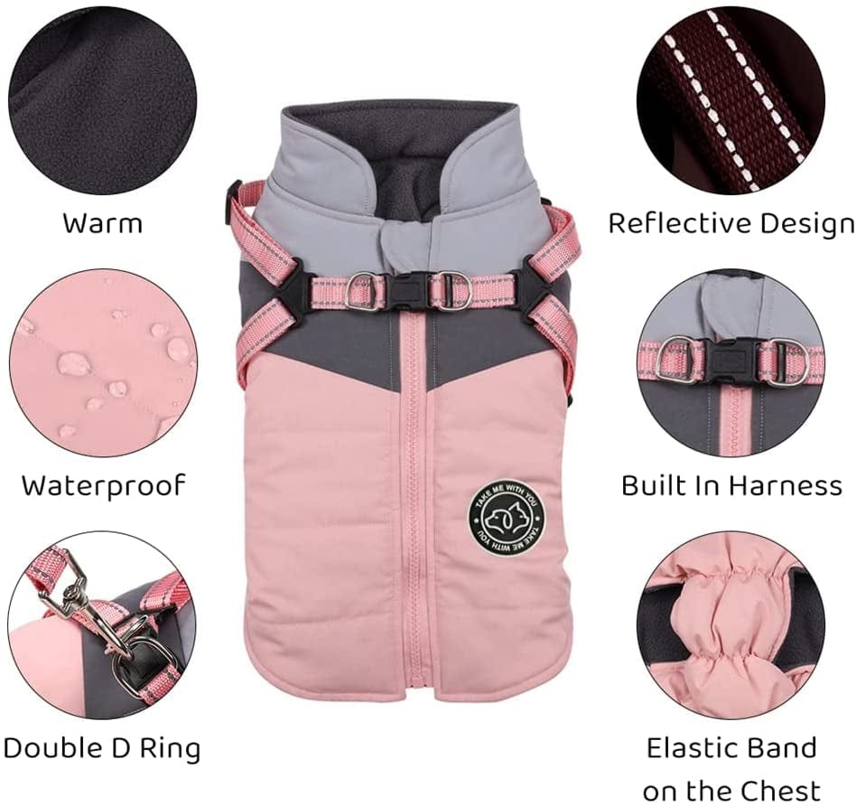 Gyuzh Padded Vest Dog Jacket Warm Zip up Dog Vest Jacket with Harness Winter Small Dog Coat - Dog Clothes for Small Dogs (Pink + Grey, Small) Animals & Pet Supplies > Pet Supplies > Dog Supplies > Dog Apparel Gyuzh   