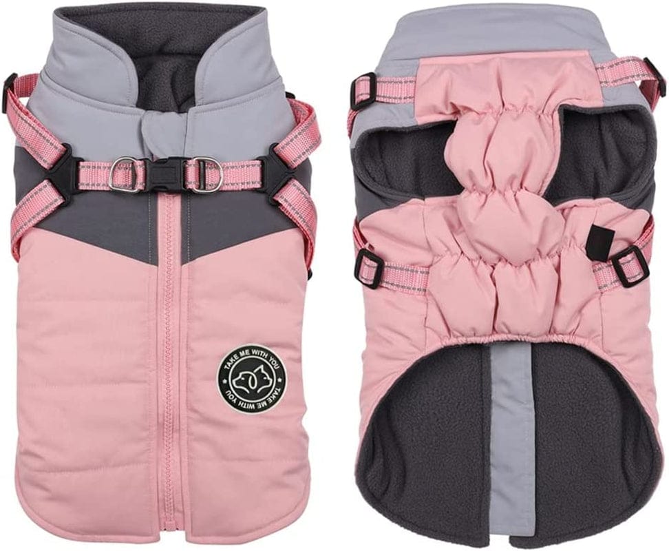 Gyuzh Padded Vest Dog Jacket Warm Zip up Dog Vest Jacket with Harness Winter Small Dog Coat - Dog Clothes for Small Dogs (Pink + Grey, Small) Animals & Pet Supplies > Pet Supplies > Dog Supplies > Dog Apparel Gyuzh Pink + Grey X-Large 