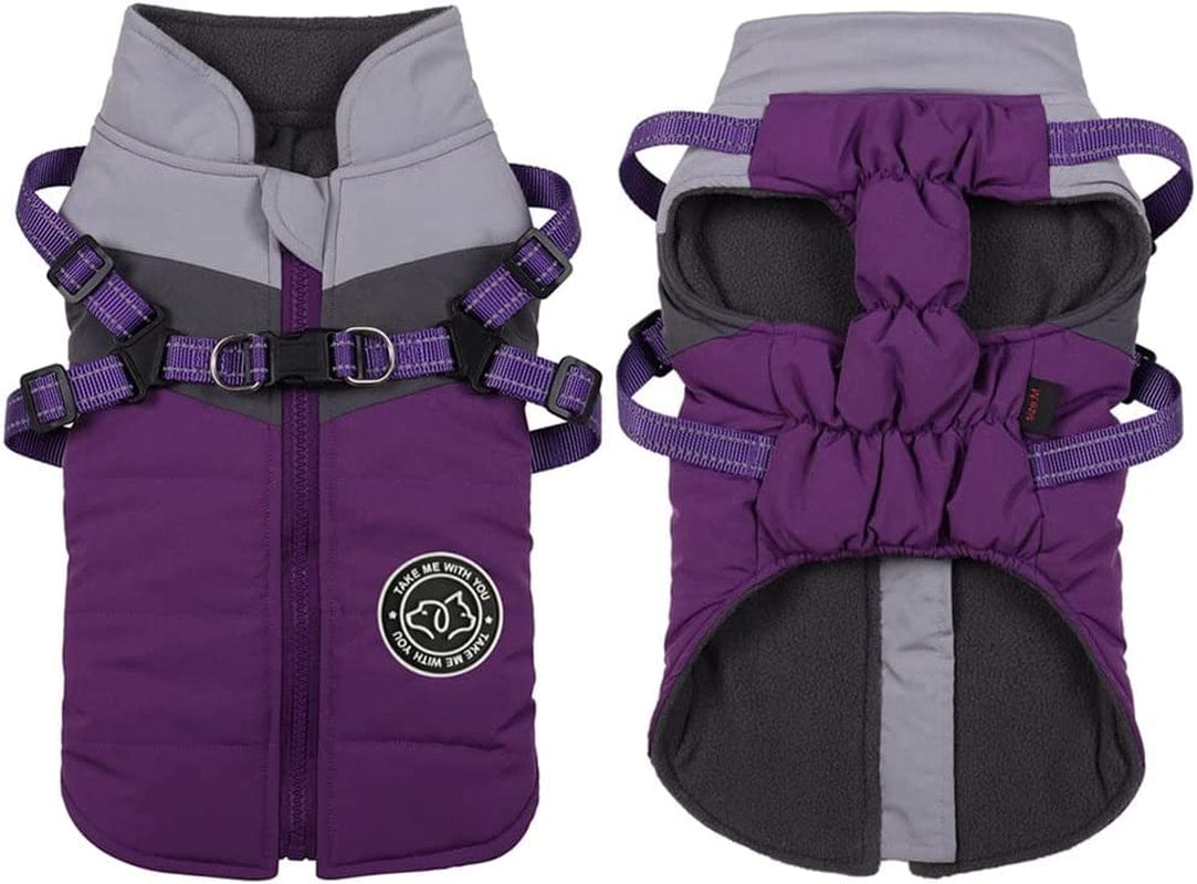 Gyuzh Padded Vest Dog Jacket Warm Zip up Dog Vest Jacket with Harness Winter Small Dog Coat - Dog Clothes for Small Dogs (Pink + Grey, Small) Animals & Pet Supplies > Pet Supplies > Dog Supplies > Dog Apparel Gyuzh Purple + Grey Small 