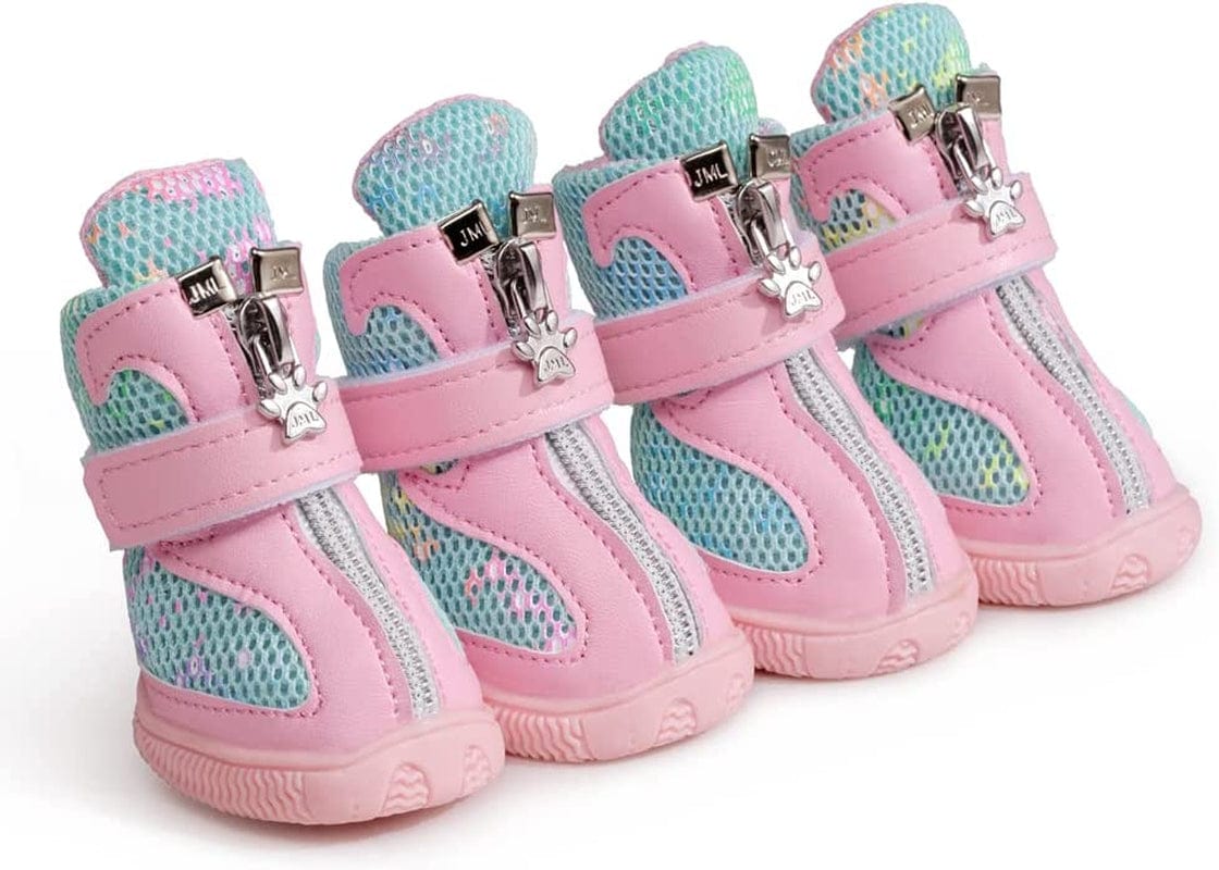 Hdwk&Hped Small Dog Boots, Breathable Mesh Summer Dog Shoes Pink Stylish PU Dog Girl Booties with Durable Non-Slip Rubber Sole (Fluorescent Style - Pink, #4 (10~15Lb)) Animals & Pet Supplies > Pet Supplies > Dog Supplies > Dog Apparel Hdwk&Hped Fluorescent Style - Pink #4 (10~15lb) 