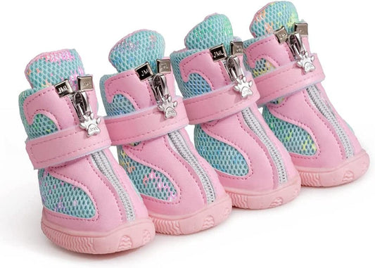 Hdwk&Hped Small Dog Boots, Breathable Mesh Summer Dog Shoes Pink Stylish PU Dog Girl Booties with Durable Non-Slip Rubber Sole (Fluorescent Style - Pink, #4 (10~15Lb)) Animals & Pet Supplies > Pet Supplies > Dog Supplies > Dog Apparel Hdwk&Hped Fluorescent Style - Pink #4 (10~15lb) 