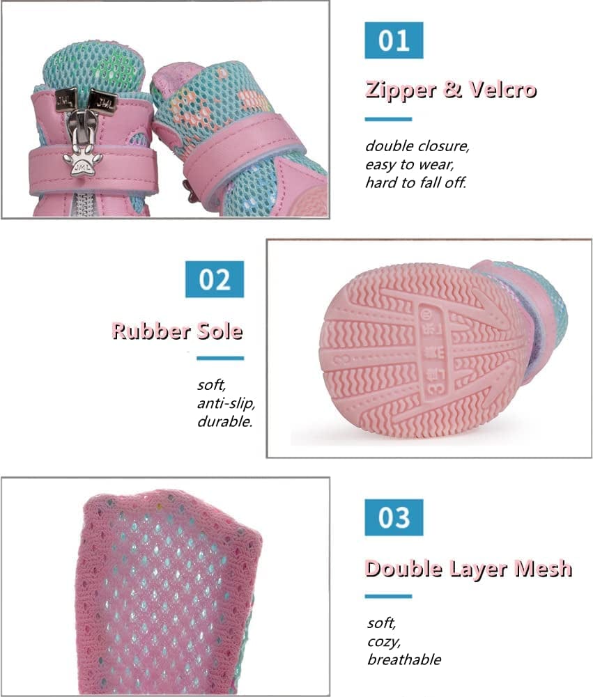 Hdwk&Hped Small Dog Boots, Breathable Mesh Summer Dog Shoes Pink Stylish PU Dog Girl Booties with Durable Non-Slip Rubber Sole (Fluorescent Style - Pink, #4 (10~15Lb)) Animals & Pet Supplies > Pet Supplies > Dog Supplies > Dog Apparel Hdwk&Hped   