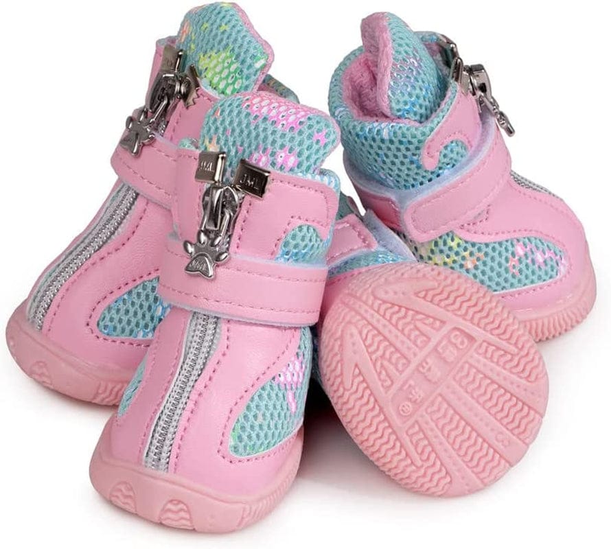 Hdwk&Hped Small Dog Boots, Breathable Mesh Summer Dog Shoes Pink Stylish PU Dog Girl Booties with Durable Non-Slip Rubber Sole (Fluorescent Style - Pink, #4 (10~15Lb)) Animals & Pet Supplies > Pet Supplies > Dog Supplies > Dog Apparel Hdwk&Hped   