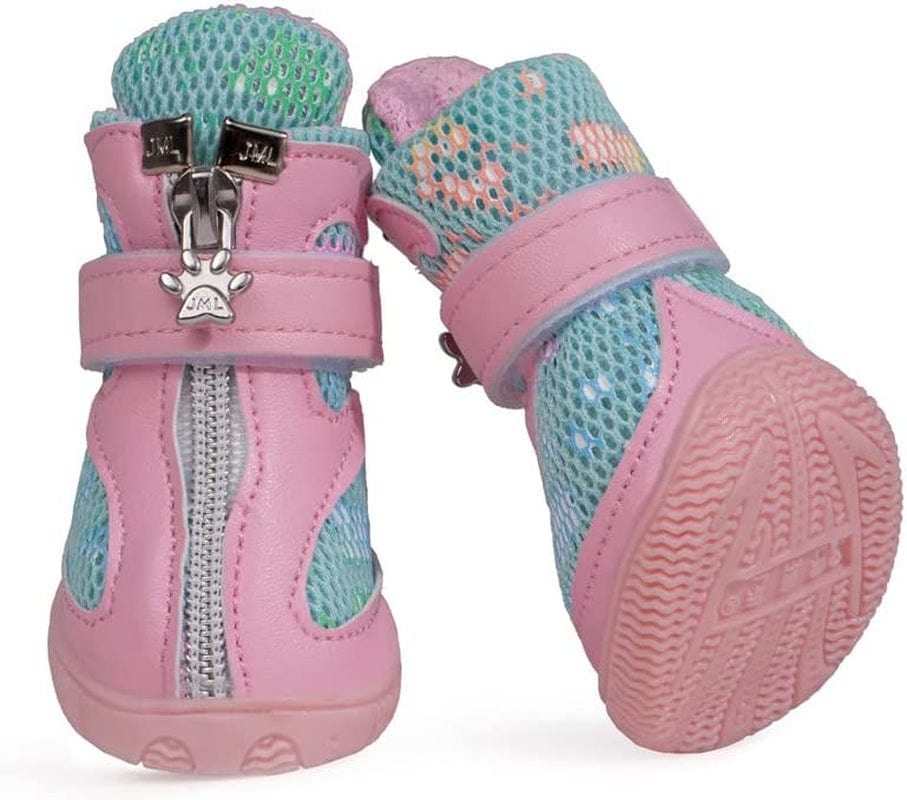Hdwk&Hped Small Dog Boots, Breathable Mesh Summer Dog Shoes Pink Stylish PU Dog Girl Booties with Durable Non-Slip Rubber Sole (Fluorescent Style - Pink, #4 (10~15Lb)) Animals & Pet Supplies > Pet Supplies > Dog Supplies > Dog Apparel Hdwk&Hped   