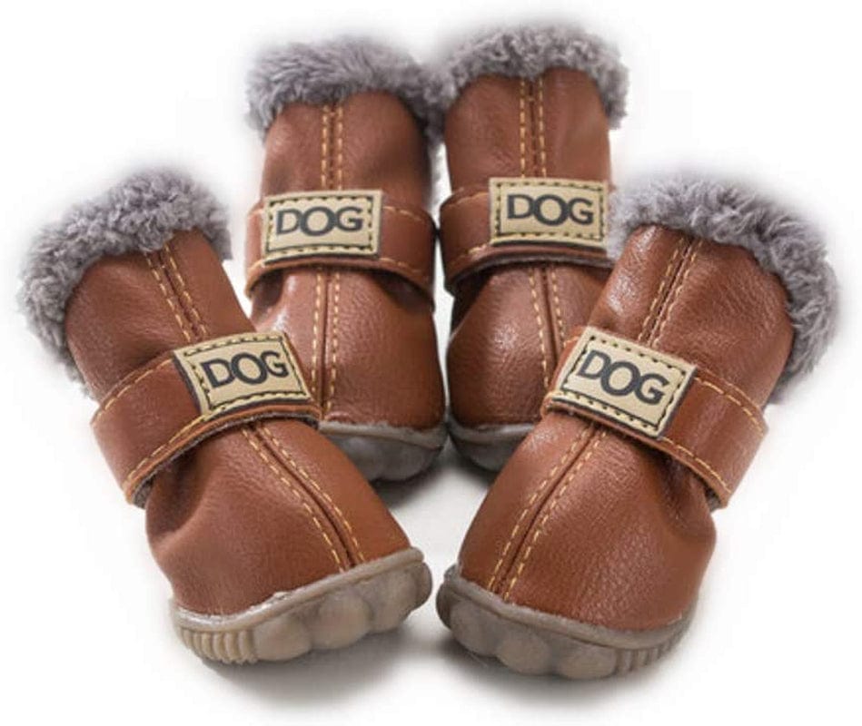 Hdwk&Hped Warm Dog Snow Boots Waterproof PU Small Dog Boots Anti-Slip Pet Shoes Paw Protector for Winter 2 Styles #1-#5 (Rhinestone Style - Red, #5) Animals & Pet Supplies > Pet Supplies > Dog Supplies > Dog Apparel Hdwk&Hped Solid style - brown #1 