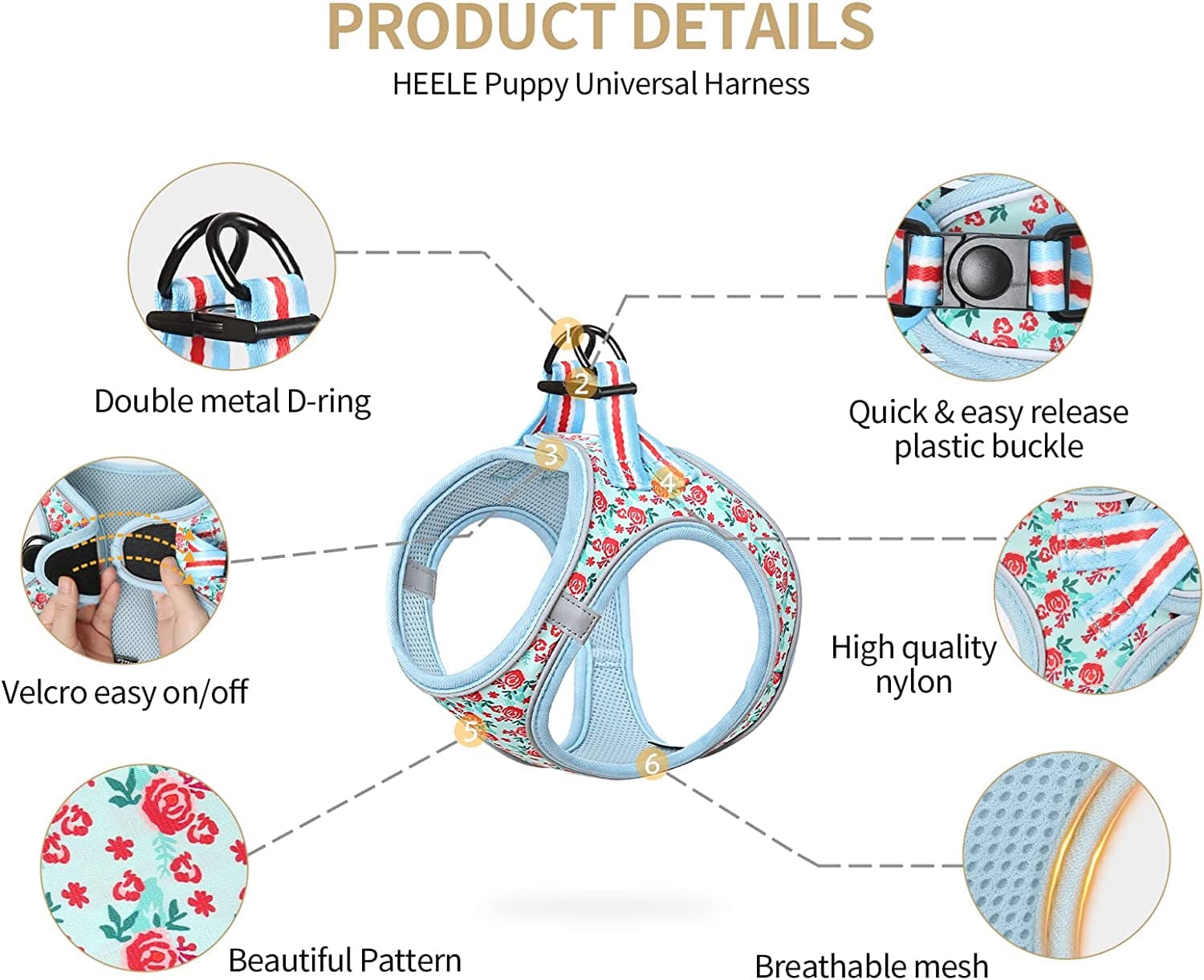 HEELE Dog Harness, No Pull Puppy Harness Adjustable Breathable Soft Padded Vest, Reflective Outdoor Pet Mesh Fabric Vest Animals & Pet Supplies > Pet Supplies > Dog Supplies > Dog Apparel HEELE   
