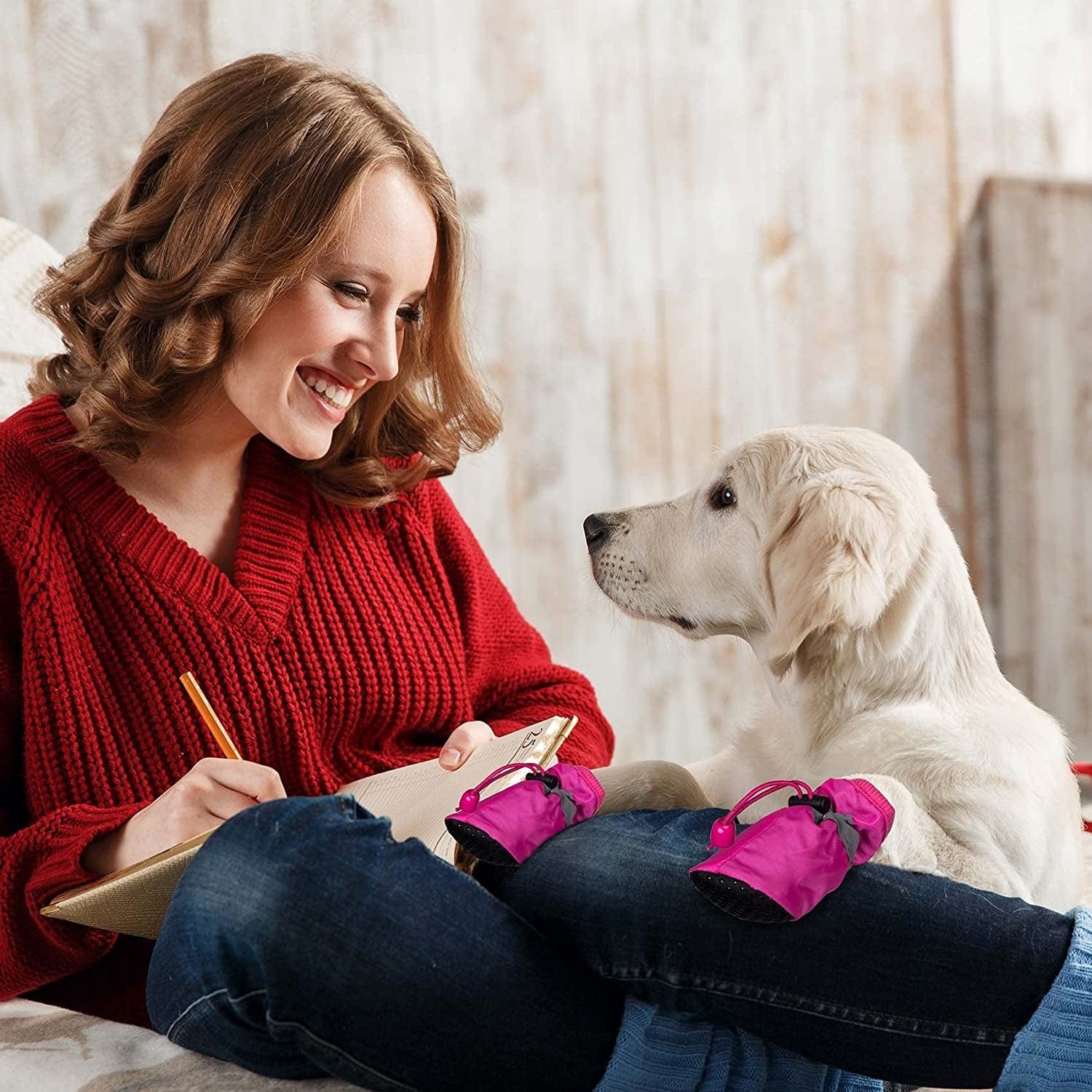 HINZIC 2 Sets Anti-Slip Dog Boots 8PCS Waterproof Dog Shoes with Reflective Straps Dog Paw Protectors Pet Supplies Accessories for Indoor Outdoor Walking Stop Scratching Medium- Pink/Black Animals & Pet Supplies > Pet Supplies > Dog Supplies > Dog Apparel HINZIC   