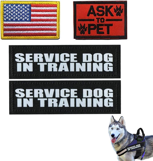 Homiego 4 Pack Service Dog in Training Patch American Flag Ask to Pet Military Morale Badge for Tactical Dog Harness Vest Saddlebag Backpack
