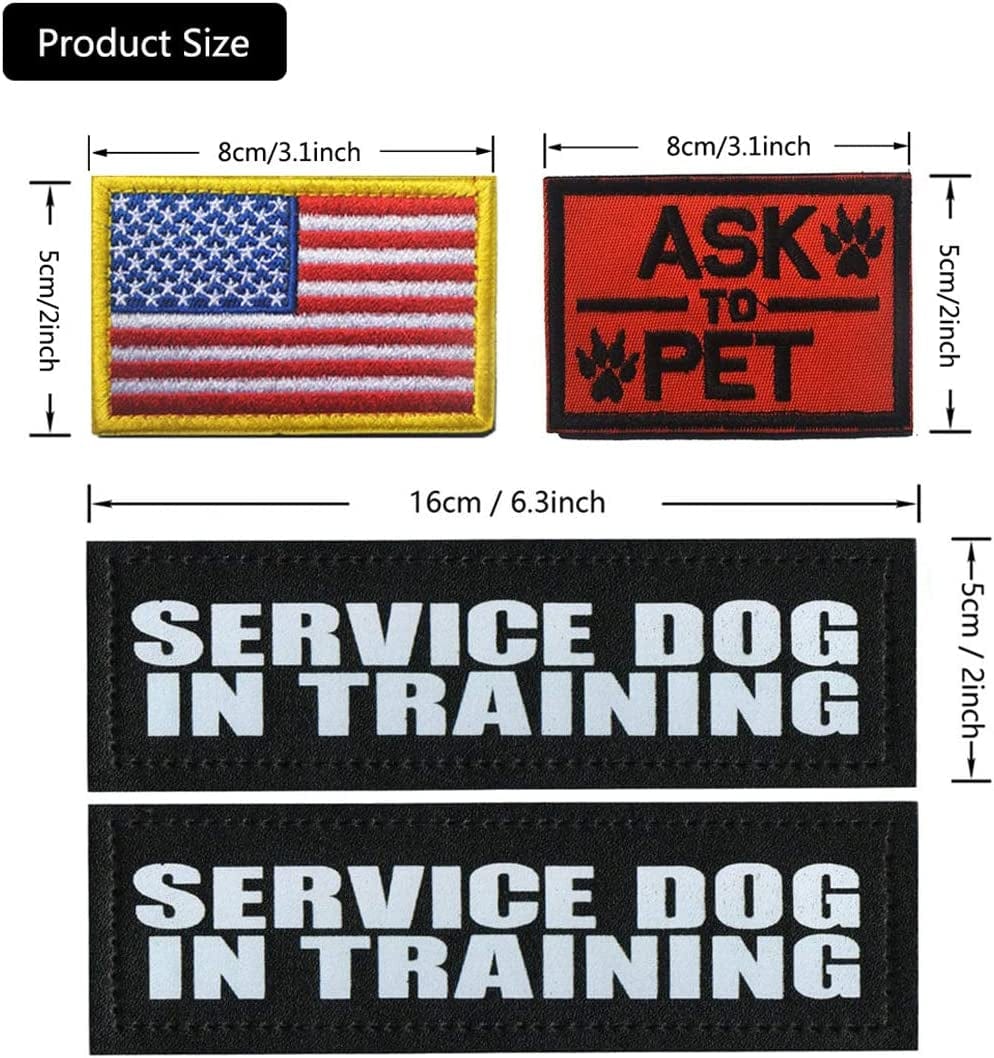 Homiego 4 Pack Service Dog in Training Patch American Flag Ask to Pet Military Morale Badge for Tactical Dog Harness Vest Saddlebag Backpack Animals & Pet Supplies > Pet Supplies > Dog Supplies > Dog Apparel Homiego   