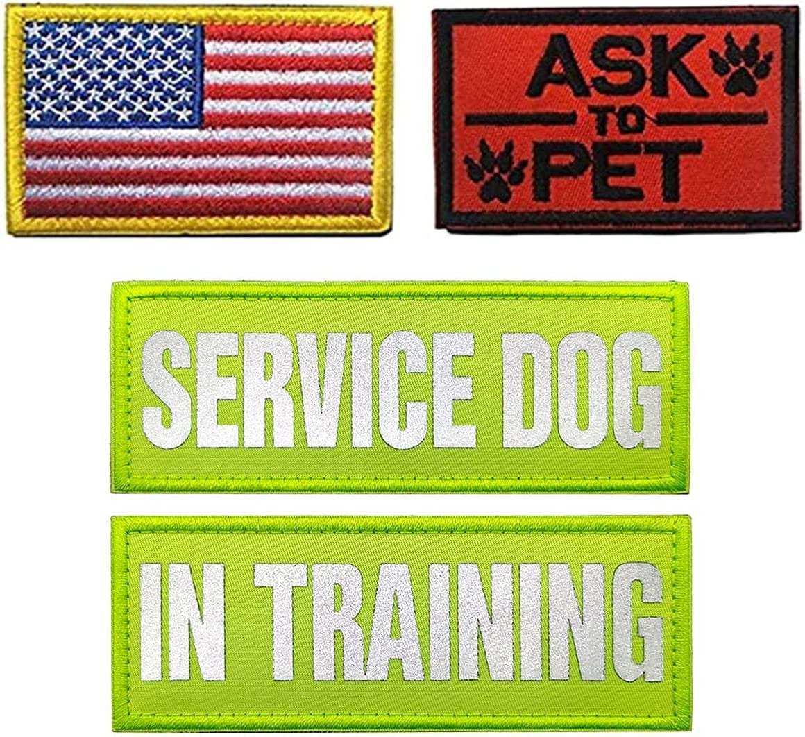 Homiego 4 Pack Service Dog in Training Patch American Flag Ask to Pet Military Morale Badge for Tactical Dog Harness Vest Saddlebag Backpack Animals & Pet Supplies > Pet Supplies > Dog Supplies > Dog Apparel Homiego 1  