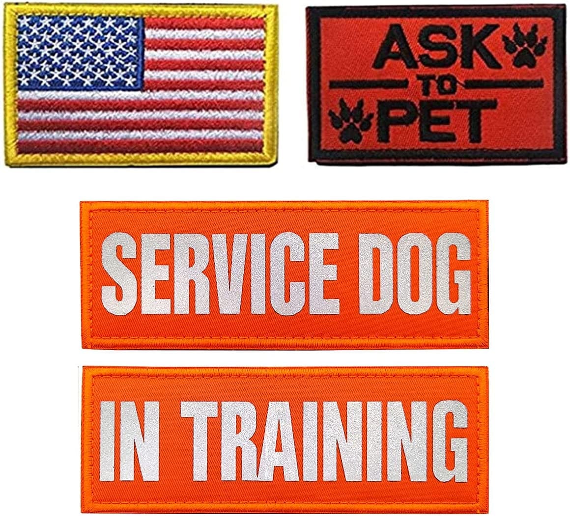 Homiego 4 Pack Service Dog in Training Patch American Flag Ask to Pet Military Morale Badge for Tactical Dog Harness Vest Saddlebag Backpack Animals & Pet Supplies > Pet Supplies > Dog Supplies > Dog Apparel Homiego 2  