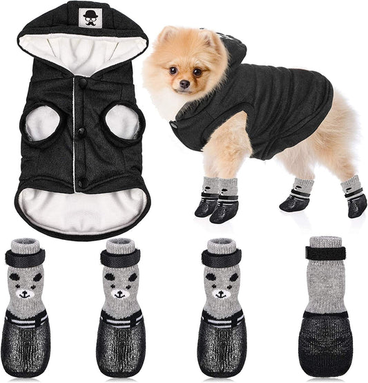 Hooded Dog Coat and Dog Cat Boots Shoes Socks Stylish Puppy Clothes Warm Dog Jacket Waterproof Dog Shoes for Small Puppy (Black,S) Animals & Pet Supplies > Pet Supplies > Dog Supplies > Dog Apparel Weewooday Black XS 
