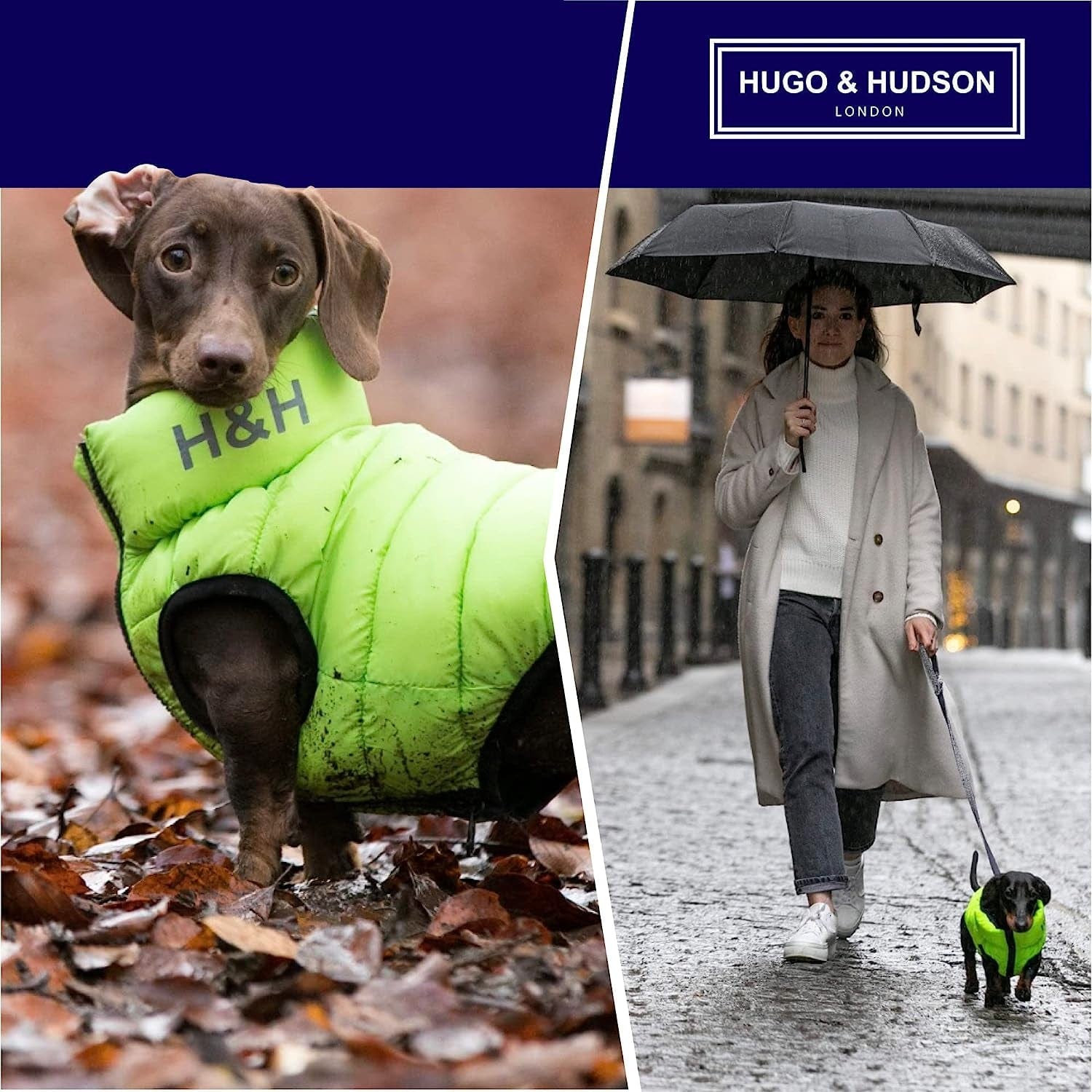 HUGO & HUDSON Dog Puffer Jacket Cold Weather Coats - Clothing & Accessories for Dogs Reversible Water Resistant Pet Coats with Collar Attachment Hole - Green & Navy - S35 Animals & Pet Supplies > Pet Supplies > Dog Supplies > Dog Apparel Hugo & Hudson   