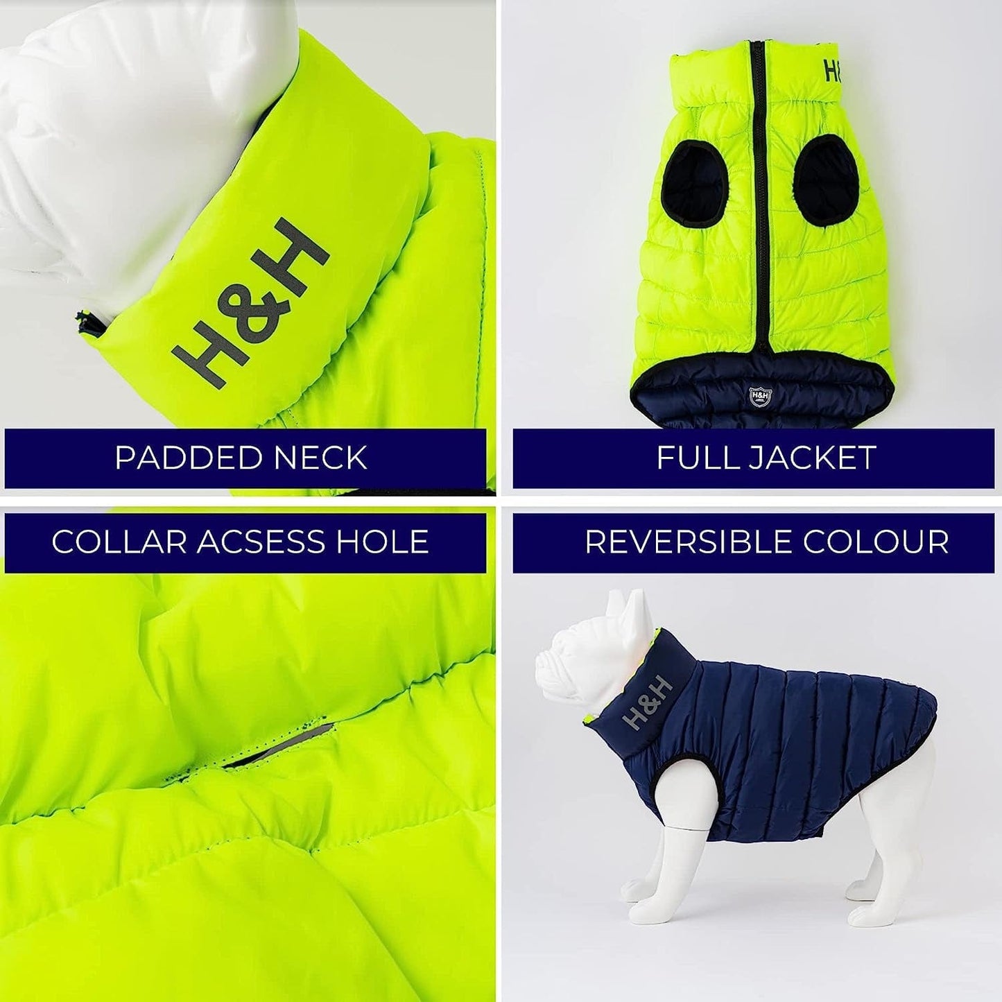 HUGO & HUDSON Dog Puffer Jacket Cold Weather Coats - Clothing & Accessories for Dogs Reversible Water Resistant Pet Coats with Collar Attachment Hole - Green & Navy - S35 Animals & Pet Supplies > Pet Supplies > Dog Supplies > Dog Apparel Hugo & Hudson   