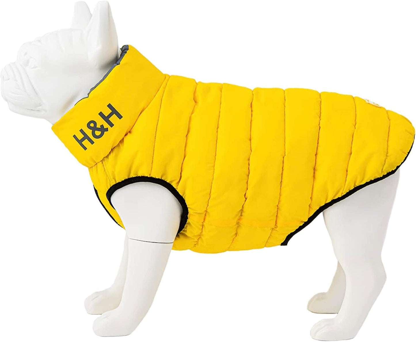 HUGO & HUDSON Dog Puffer Jacket Cold Weather Coats - Clothing & Accessories for Dogs Reversible Water Resistant Pet Coats with Collar Attachment Hole - Green & Navy - S35 Animals & Pet Supplies > Pet Supplies > Dog Supplies > Dog Apparel Hugo & Hudson Yellow & Grey L65 