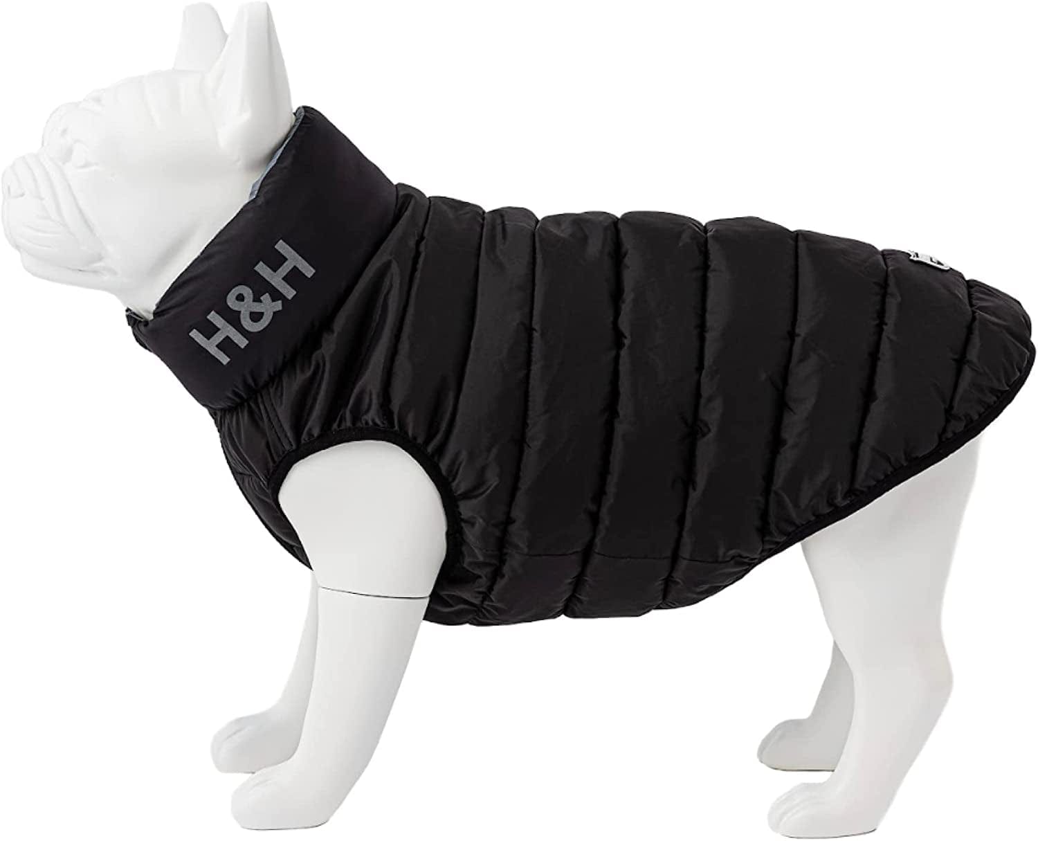 HUGO & HUDSON Dog Puffer Jacket Cold Weather Coats - Clothing & Accessories for Dogs Reversible Water Resistant Pet Coats with Collar Attachment Hole - Green & Navy - S35 Animals & Pet Supplies > Pet Supplies > Dog Supplies > Dog Apparel Hugo & Hudson Black & Grey L65 