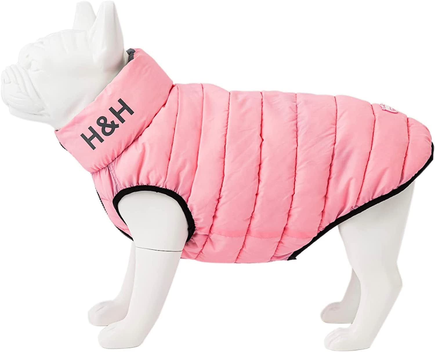 HUGO & HUDSON Dog Puffer Jacket Cold Weather Coats - Clothing & Accessories for Dogs Reversible Water Resistant Pet Coats with Collar Attachment Hole - Green & Navy - S35 Animals & Pet Supplies > Pet Supplies > Dog Supplies > Dog Apparel Hugo & Hudson Light Pink & Grey L65 