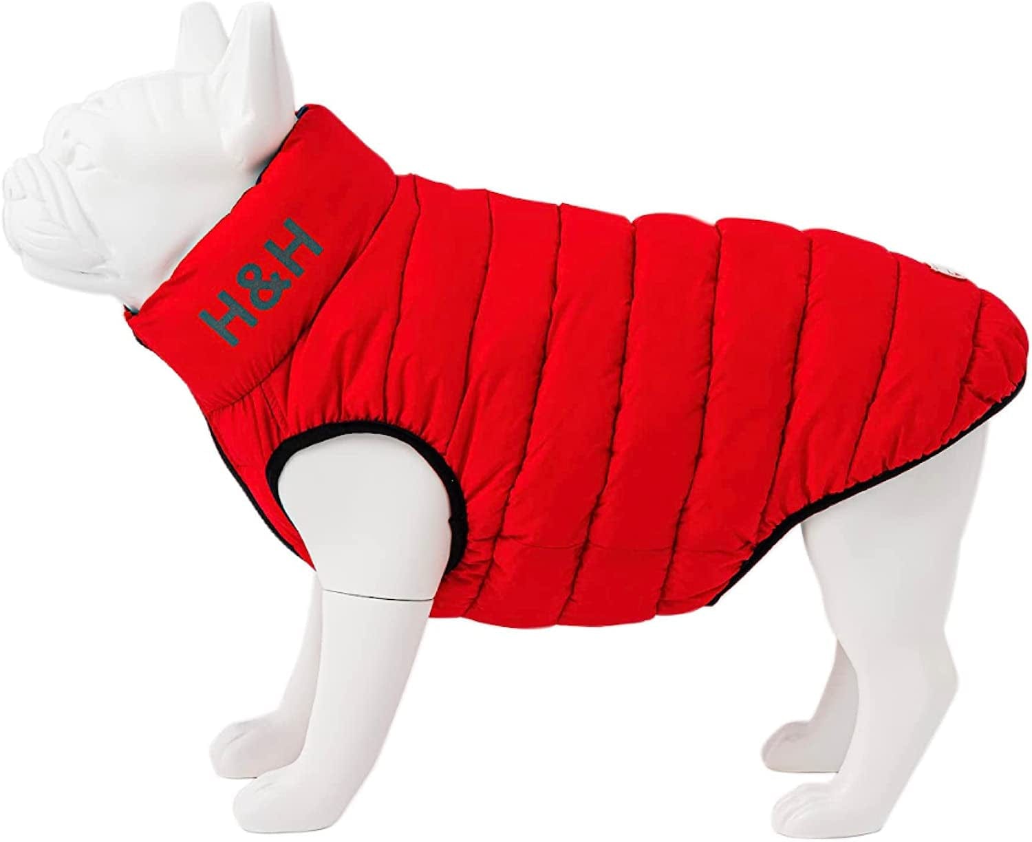 HUGO & HUDSON Dog Puffer Jacket Cold Weather Coats - Clothing & Accessories for Dogs Reversible Water Resistant Pet Coats with Collar Attachment Hole - Green & Navy - S35 Animals & Pet Supplies > Pet Supplies > Dog Supplies > Dog Apparel Hugo & Hudson Red & Navy L65 