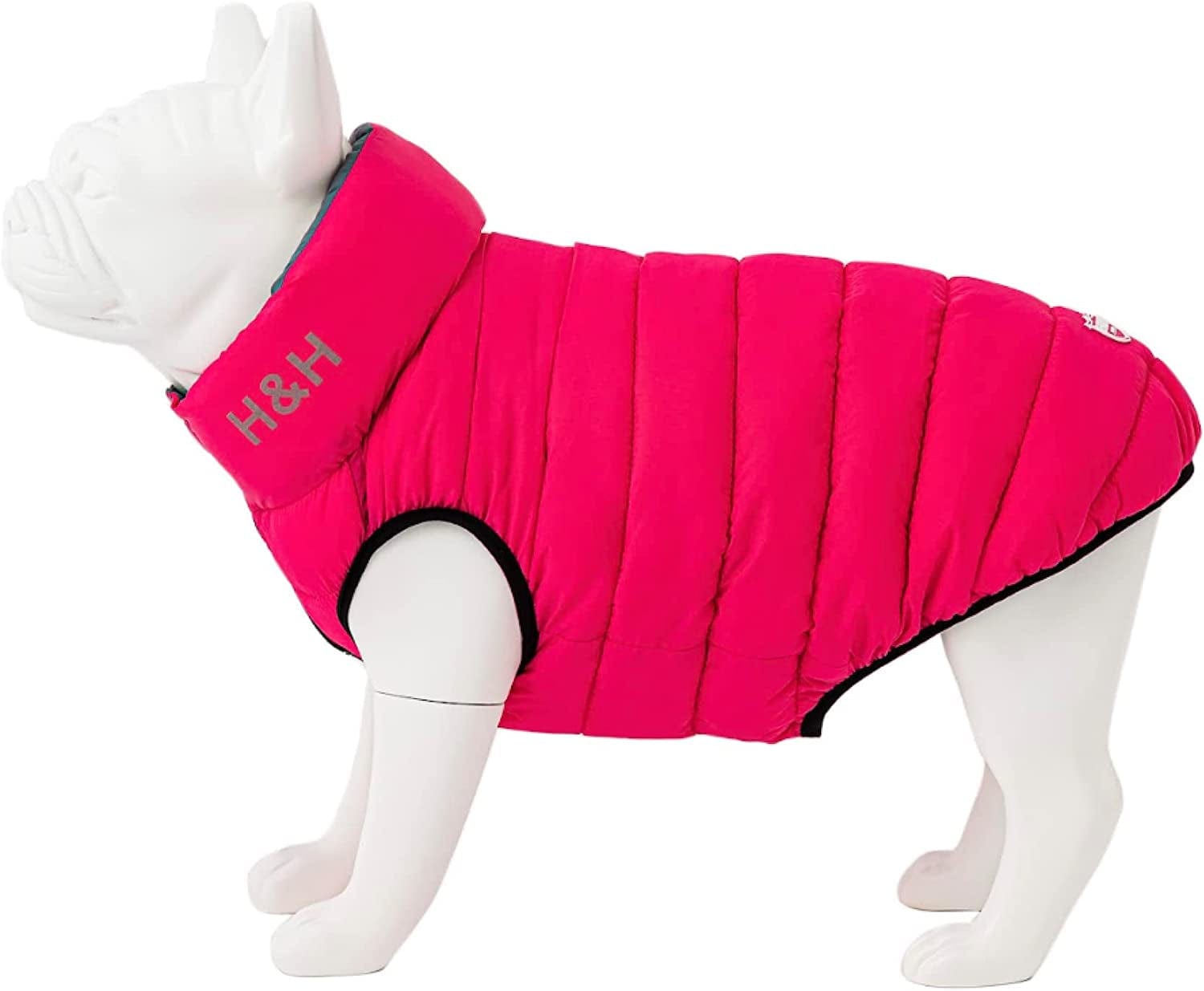 HUGO & HUDSON Dog Puffer Jacket Cold Weather Coats - Clothing & Accessories for Dogs Reversible Water Resistant Pet Coats with Collar Attachment Hole - Green & Navy - S35 Animals & Pet Supplies > Pet Supplies > Dog Supplies > Dog Apparel Hugo & Hudson Pink & Grey L65 