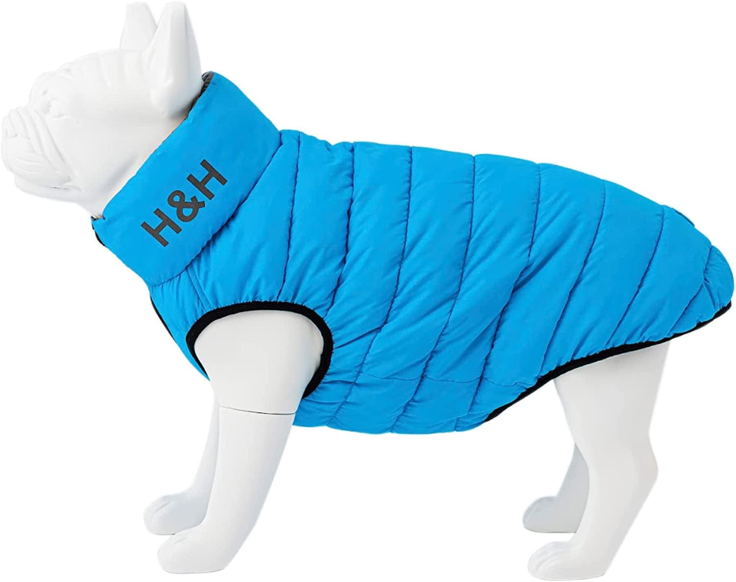 HUGO & HUDSON Dog Puffer Jacket Cold Weather Coats - Clothing & Accessories for Dogs Reversible Water Resistant Pet Coats with Collar Attachment Hole - Green & Navy - S35 Animals & Pet Supplies > Pet Supplies > Dog Supplies > Dog Apparel Hugo & Hudson Turquoise Blue & Grey L65 