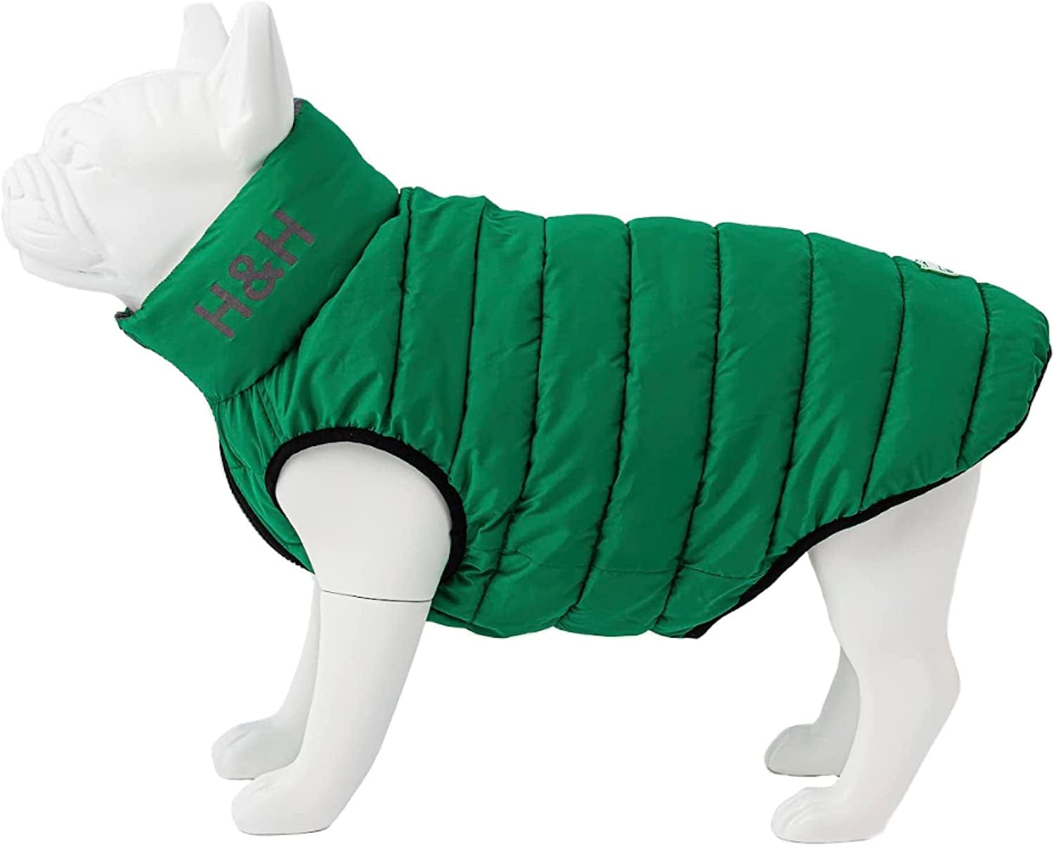 HUGO & HUDSON Dog Puffer Jacket Cold Weather Coats - Clothing & Accessories for Dogs Reversible Water Resistant Pet Coats with Collar Attachment Hole - Green & Navy - S35 Animals & Pet Supplies > Pet Supplies > Dog Supplies > Dog Apparel Hugo & Hudson Dark Green & Grey L65 