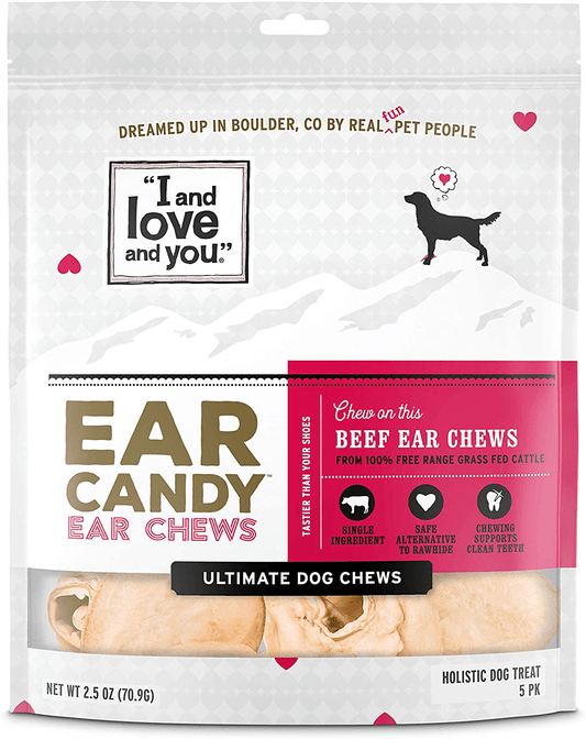 "I and Love and You" Ear Candy Cow Ear Strips - Grain Free Dog Chews, 100% Beef Ear Treats for Large and Small Dogs, Free Range & Grass Fed Beef, 2.5-Ounce
