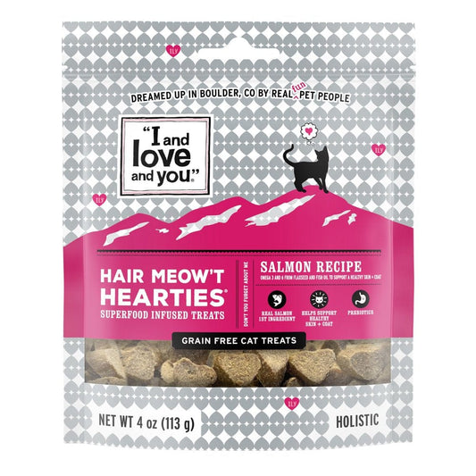 "I and Love and You" Hair Meow'T Hearties Cat Treats, Salmon Recipe, Superfoods for Healthy Skin and Coat, Soft Texture, Grain Free, Real Meat, 4Oz Bag
