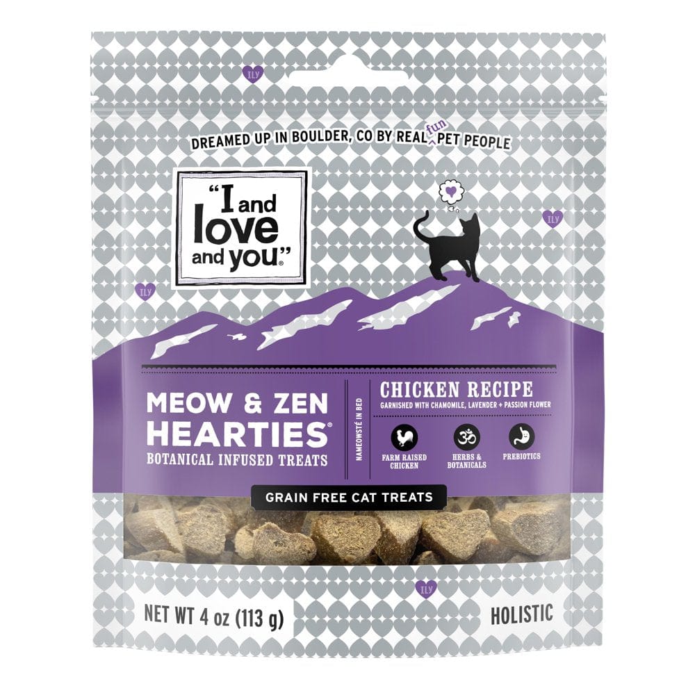 "I and Love and You" Meow and Zen Hearties Cat Treats, Chicken Recipe, Calming Treats, Chamomile and Lavender, Soft Texture, Grain Free, Real Meat, 4Oz Bag