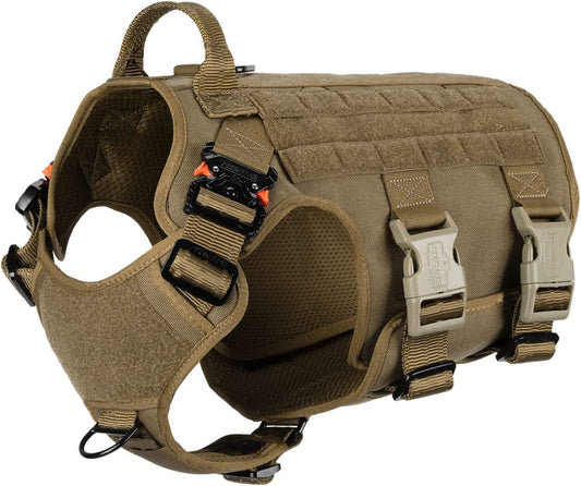 ICEFANG GN5 Tactical Dog Harness,Hook and Loop Panels,Walking Training Work Dog MOLLE Vest with Handle,No Pulling Front Leash Clip,6 X Buckle (L (Neck:18"-24" ; Chest:28"-35"), Brown)