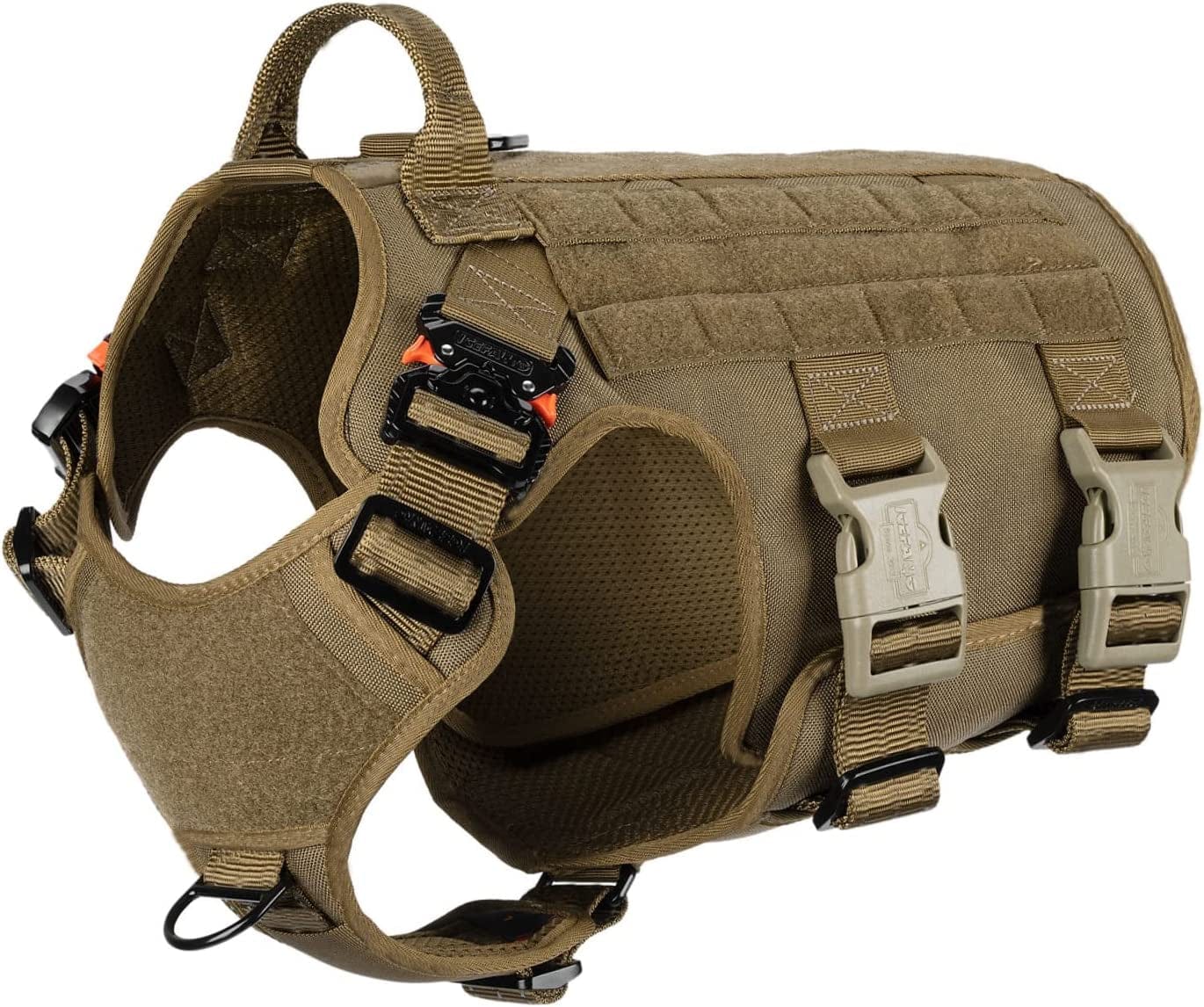 ICEFANG GN5 Tactical Dog Harness,Hook and Loop Panels,Walking Training Work Dog MOLLE Vest with Handle,No Pulling Front Leash Clip,6 X Buckle (L (Neck:18"-24" ; Chest:28"-35"), Brown) Animals & Pet Supplies > Pet Supplies > Dog Supplies > Dog Apparel Frostwolf Coyote Brown Large (Pack of 1) 