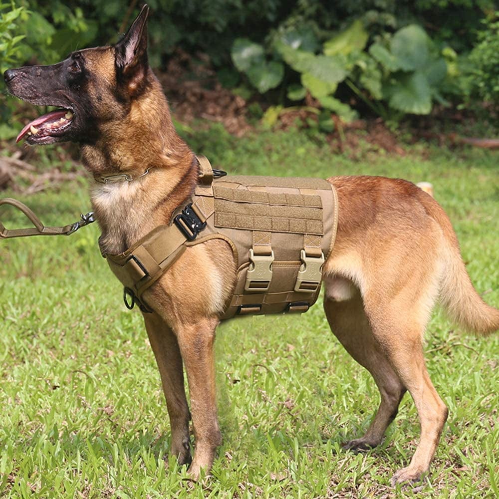 ICEFANG GN5 Tactical Dog Harness,Hook and Loop Panels,Walking Training Work Dog MOLLE Vest with Handle,No Pulling Front Leash Clip,6 X Buckle (L (Neck:18"-24" ; Chest:28"-35"), Brown) Animals & Pet Supplies > Pet Supplies > Dog Supplies > Dog Apparel Frostwolf   