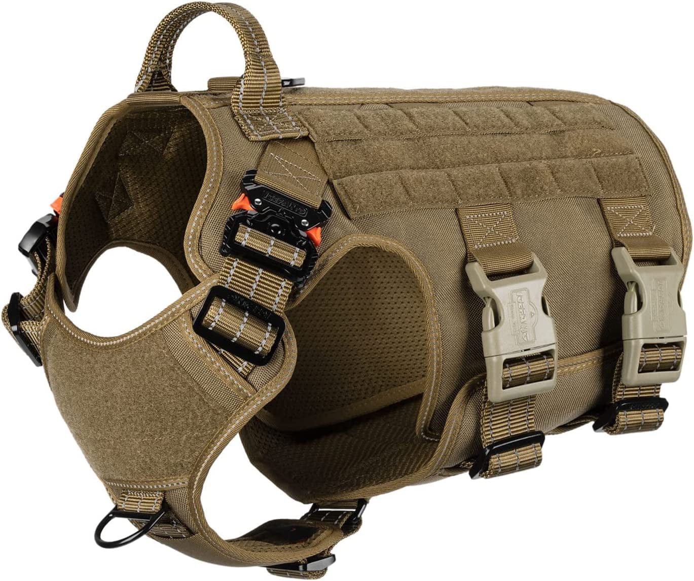 ICEFANG GN5 Tactical Dog Harness,Hook and Loop Panels,Walking Training Work Dog MOLLE Vest with Handle,No Pulling Front Leash Clip,6 X Buckle (L (Neck:18"-24" ; Chest:28"-35"), Brown) Animals & Pet Supplies > Pet Supplies > Dog Supplies > Dog Apparel Frostwolf Reflective Brown Large (Pack of 1) 