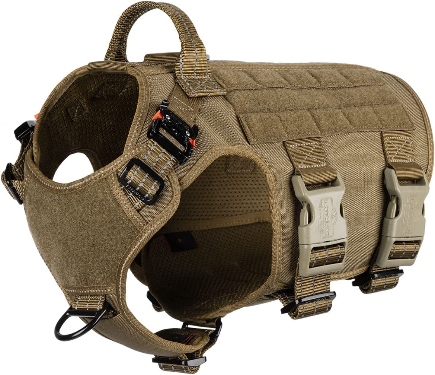 ICEFANG GN5 Tactical Dog Harness,Hook and Loop Panels,Walking Training Work Dog MOLLE Vest with Handle,No Pulling Front Leash Clip,6 X Buckle (L (Neck:18"-24" ; Chest:28"-35"), Brown) Animals & Pet Supplies > Pet Supplies > Dog Supplies > Dog Apparel Frostwolf Reflective Brown Medium (Pack of 1) 