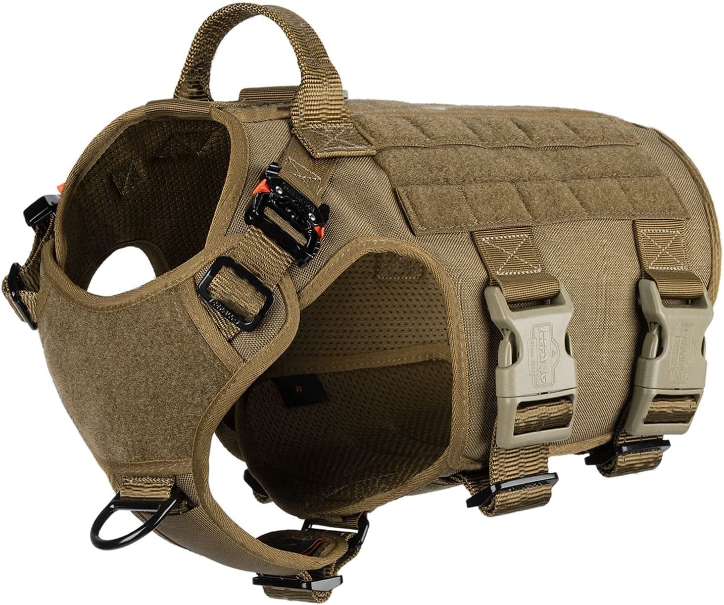 ICEFANG GN5 Tactical Dog Harness,Hook and Loop Panels,Walking Training Work Dog MOLLE Vest with Handle,No Pulling Front Leash Clip,6 X Buckle (L (Neck:18"-24" ; Chest:28"-35"), Brown)