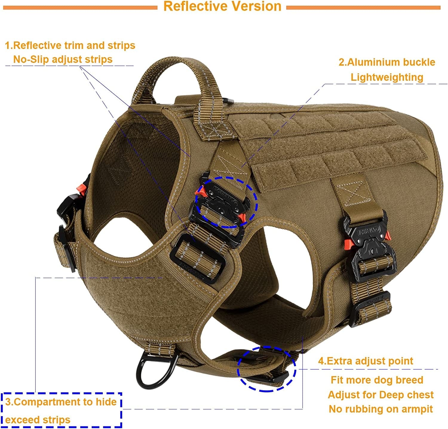 ICEFANG Tactical Dog Harness with 4X Metal Buckle,Dog MOLLE Vest with Handle,No Pulling Front Clip ,Hook and Loop Panel for Walking Training Hiking (Large (Pack of 1), Reflective Brown) Animals & Pet Supplies > Pet Supplies > Dog Supplies > Dog Apparel ICEFANG   