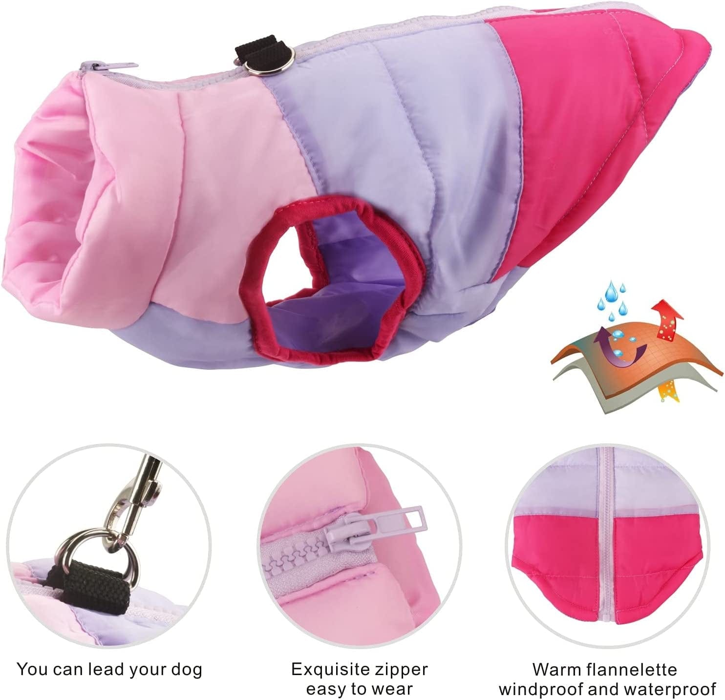 Idepet Pet Dog Cat Coat with Leash Anchor Color Patchwork Padded Puppy Teddy Chihuahua Jacket Vest Costumes Pug Clothes (Xs,Rose Red) Animals & Pet Supplies > Pet Supplies > Dog Supplies > Dog Apparel Idepet   