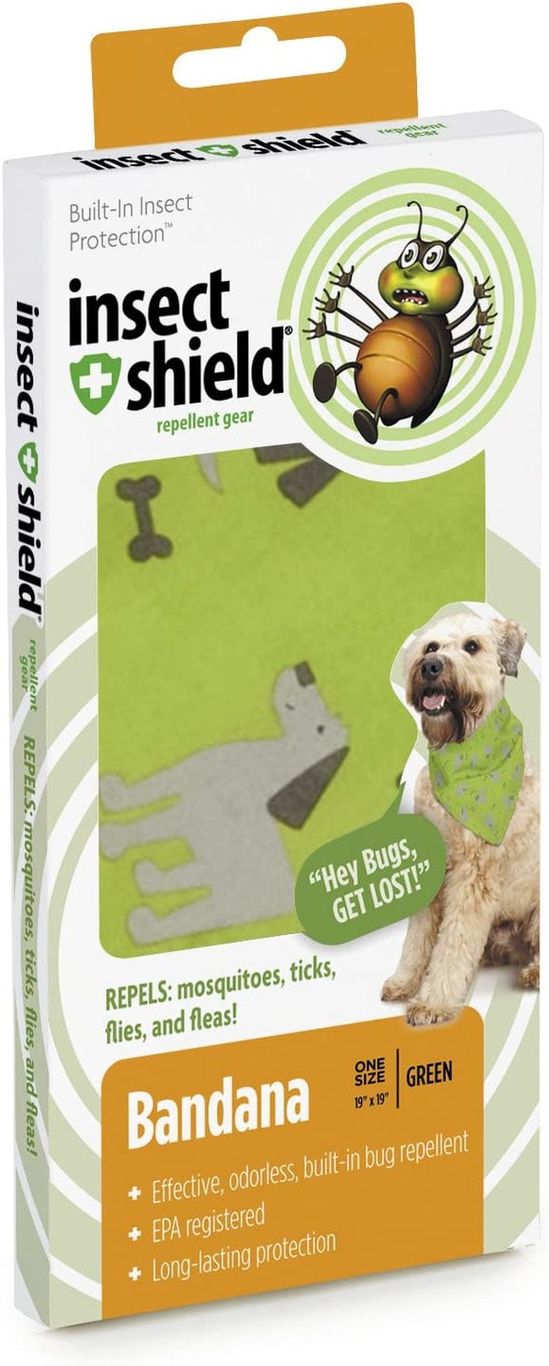 Insect Shield Repellant Dog Bandana for Protecting Dogs from Fleas, Ticks, and Mosquitoes, Dogs & Bones, Green, 19X19 Inch (Pack of 1) (IE9412 44) Animals & Pet Supplies > Pet Supplies > Dog Supplies > Dog Apparel Insect Shield   