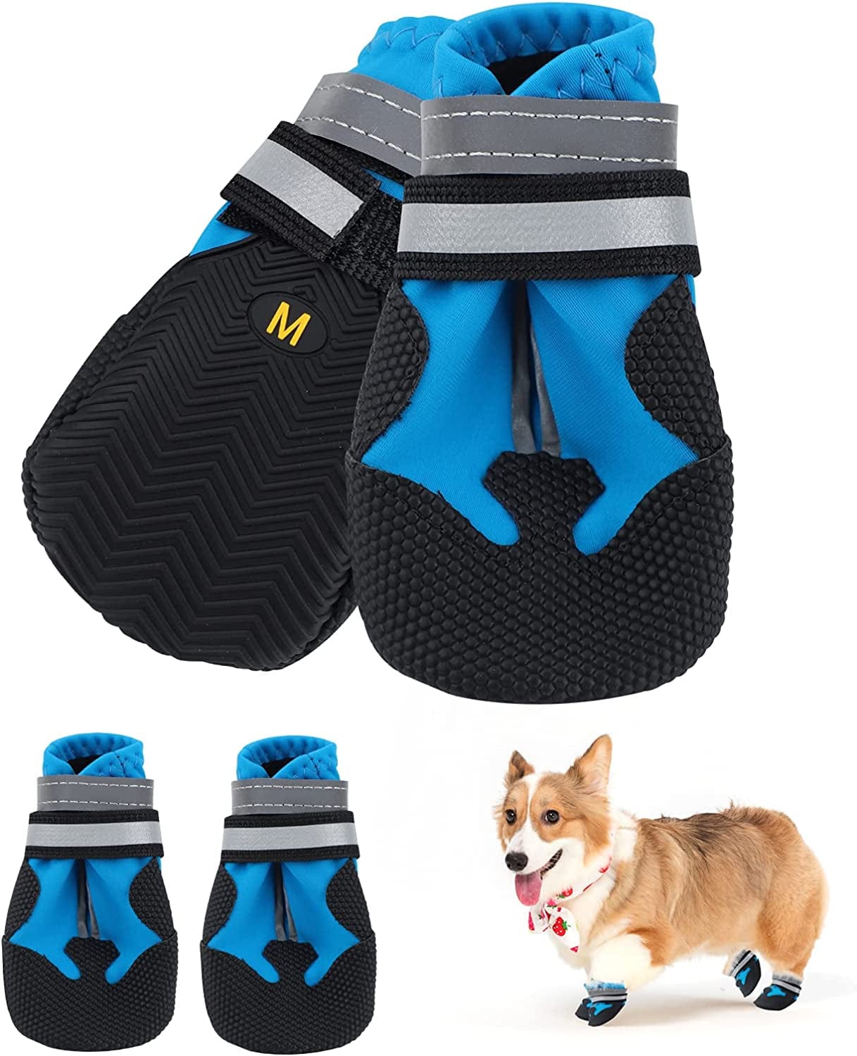 Jodsen Dog Boots, Set of 4 Waterproof Dog Shoes with Reflective Straps Anti-Slip Sole Outdoor Paw Protectors Dog Shoes for Small Medium Dogs Autumn Winter, Blue (M) Animals & Pet Supplies > Pet Supplies > Dog Supplies > Dog Apparel Jodsen   