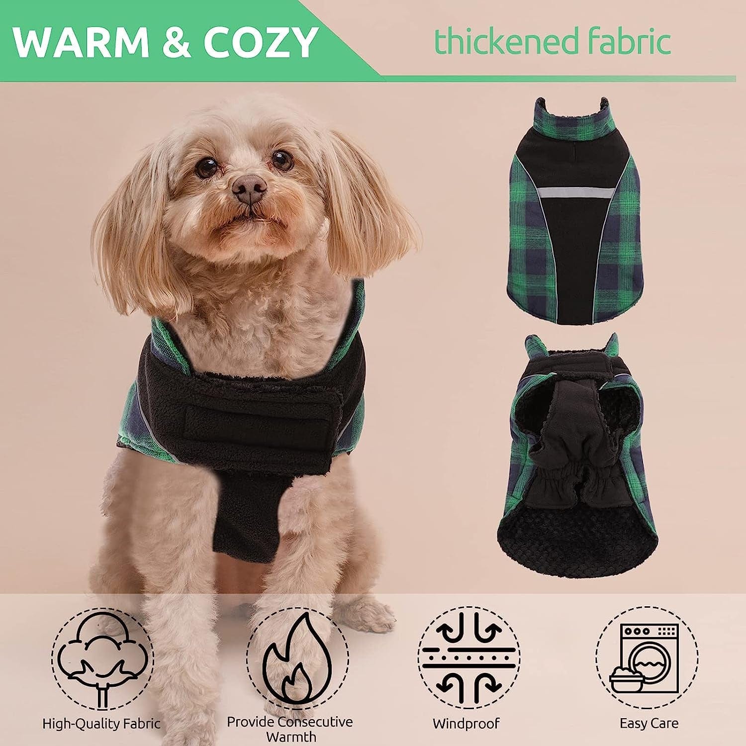 JUDYBRIDAL Winter Dog Coat,Reversible Reflective Windproof Plaid Pet Vest,British Style Warm Cozy Dog Cold Weather Jacket,Thickening Pet Apparel for Small Medium and Large Dogs (XS | Green) Animals & Pet Supplies > Pet Supplies > Dog Supplies > Dog Apparel JUDYBRIDAL   