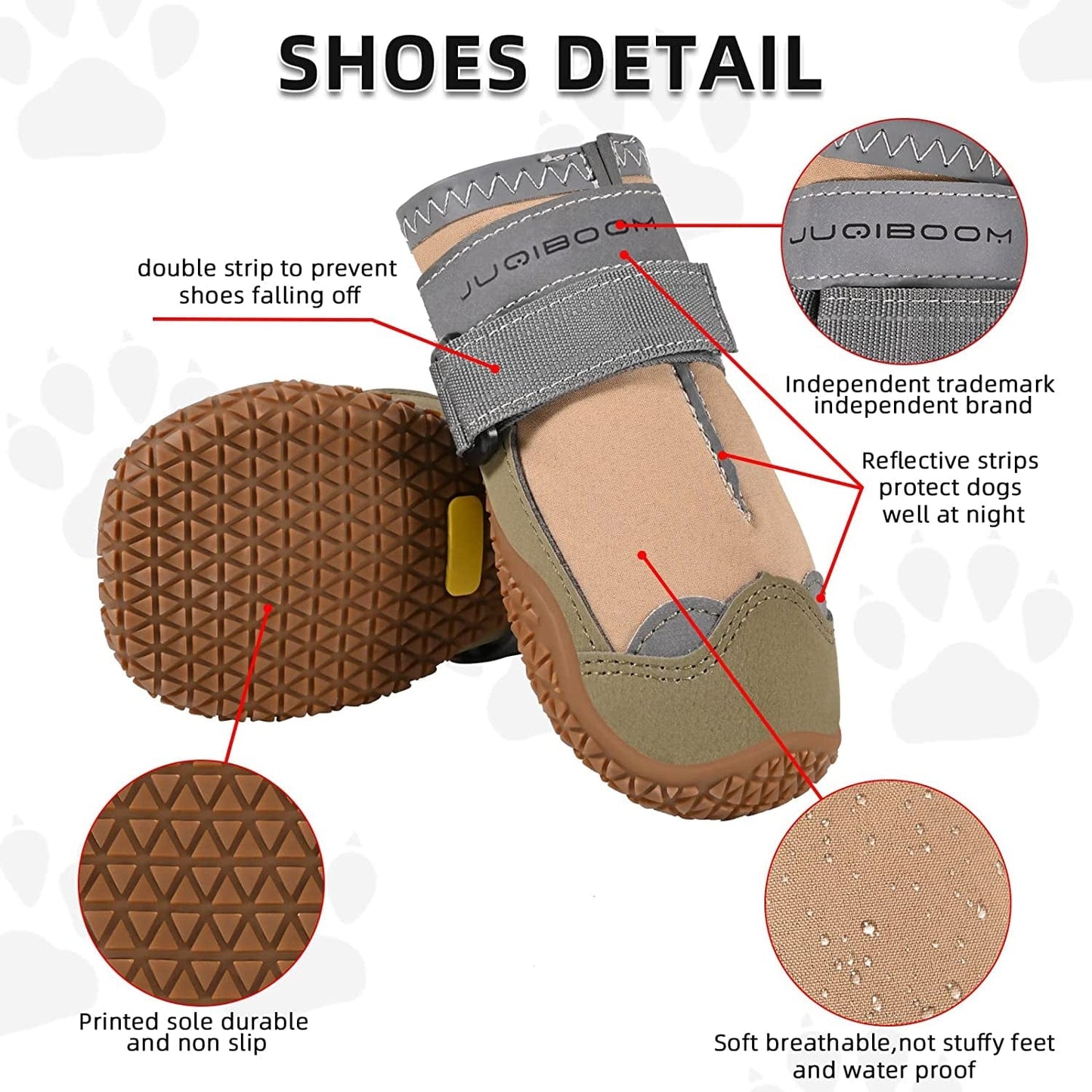 Juqiboom Non-Slip Dog Shoes for outside and Indoor, Rugged Anti- Slip Sole Dogs Boots with Adjustable Reflective Strips for Small Medium Large Dogs (Waterproof-Khaki, #6(Width 2.56 Inch) Pack of 4) Animals & Pet Supplies > Pet Supplies > Dog Supplies > Dog Apparel JUQIBOOM   