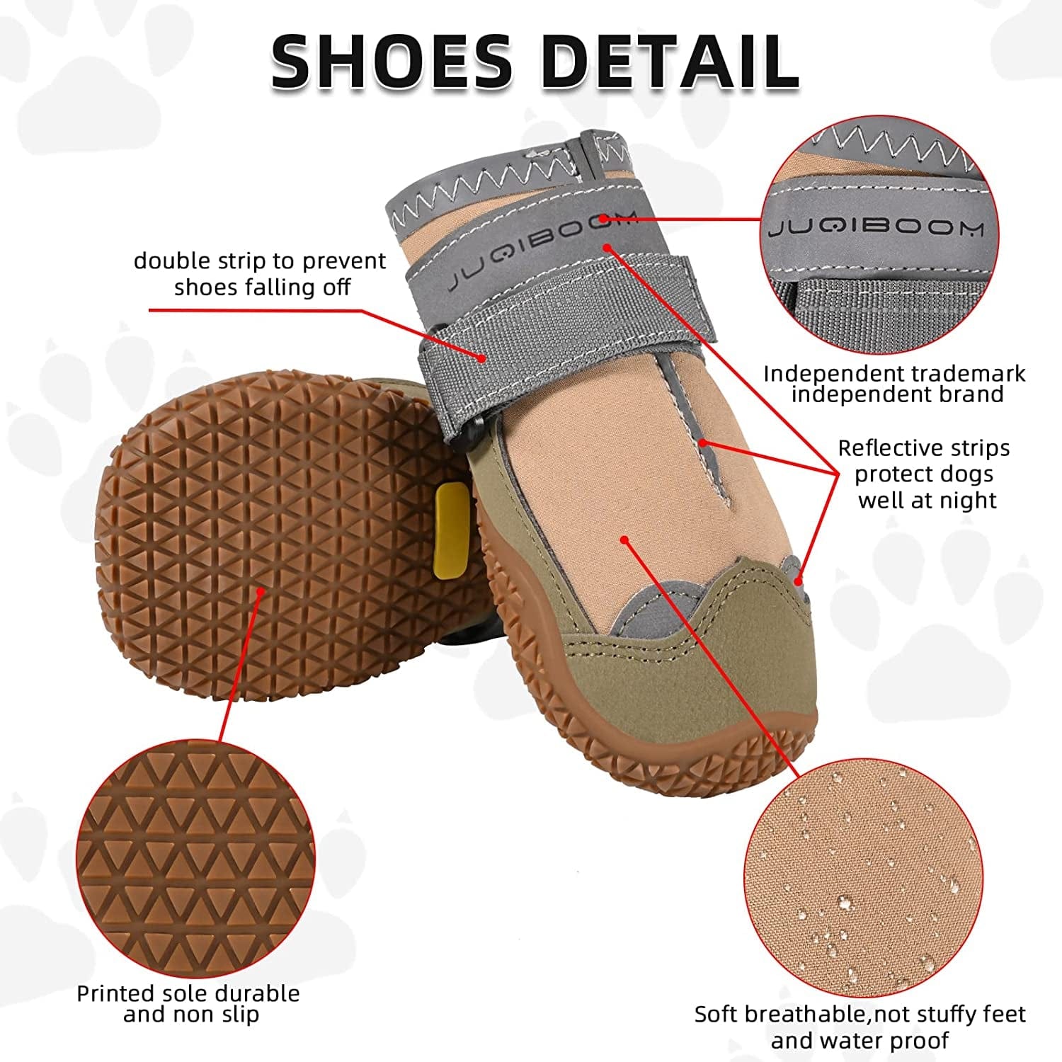 Juqiboom Non-Slip Dog Shoes for outside and Indoor, Rugged Anti- Slip Sole Dogs Boots with Adjustable Reflective Strips for Small Medium Large Dogs (Waterproof-Khaki, #6(Width 2.56 Inch) Pack of 4) Animals & Pet Supplies > Pet Supplies > Dog Supplies > Dog Apparel JUQIBOOM   