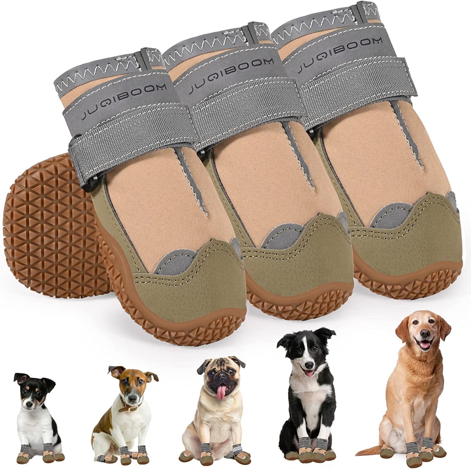 Juqiboom Non-Slip Dog Shoes for outside and Indoor, Rugged Anti- Slip Sole Dogs Boots with Adjustable Reflective Strips for Small Medium Large Dogs (Waterproof-Khaki, #6(Width 2.56 Inch) Pack of 4) Animals & Pet Supplies > Pet Supplies > Dog Supplies > Dog Apparel JUQIBOOM Waterproof-Khaki #6(width 2.56 inch) Pack of 4 