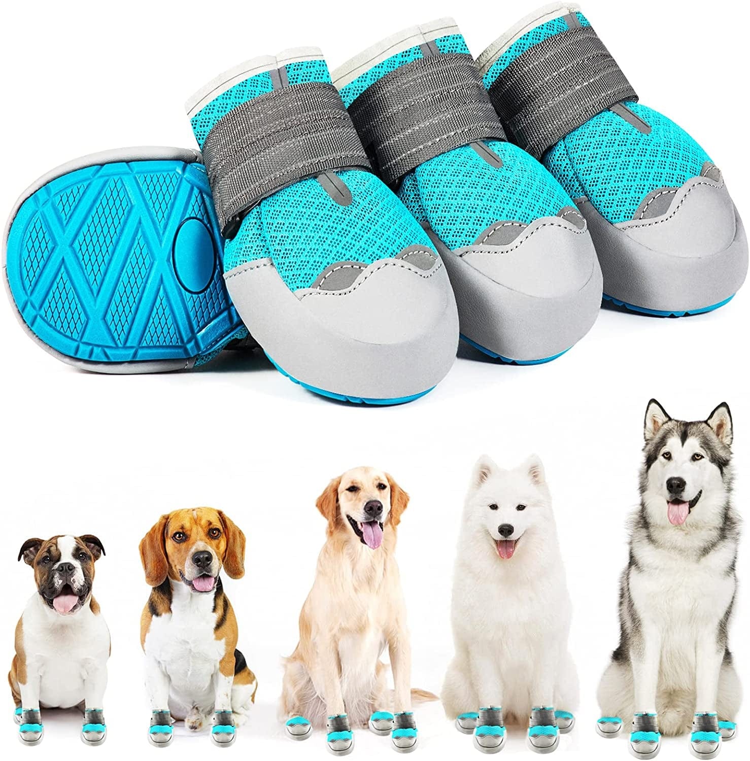 JZXOIVA Dog Boots Breathable Dog Shoes, Dog Shoes for Medium Dogs, Paw Protectors with Non-Slip Rubber Bottom for Outdoor Hiking and Running, Dog Booties with Reflective Straps 4Pcs/Set Animals & Pet Supplies > Pet Supplies > Dog Supplies > Dog Apparel JZXOIVA Lake Blue Size 8: Width 3.4 in 