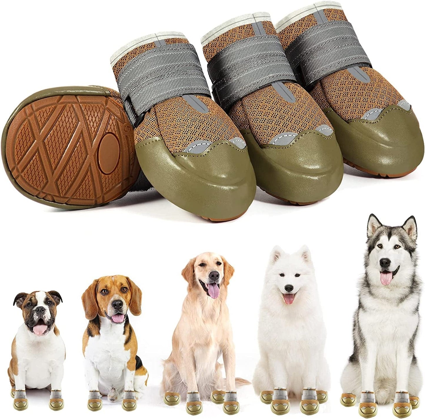 JZXOIVA Dog Boots Breathable Dog Shoes, Dog Shoes for Medium Dogs, Paw Protectors with Non-Slip Rubber Bottom for Outdoor Hiking and Running, Dog Booties with Reflective Straps 4Pcs/Set Animals & Pet Supplies > Pet Supplies > Dog Supplies > Dog Apparel JZXOIVA Army Green Size 8: Width 3.4 in 