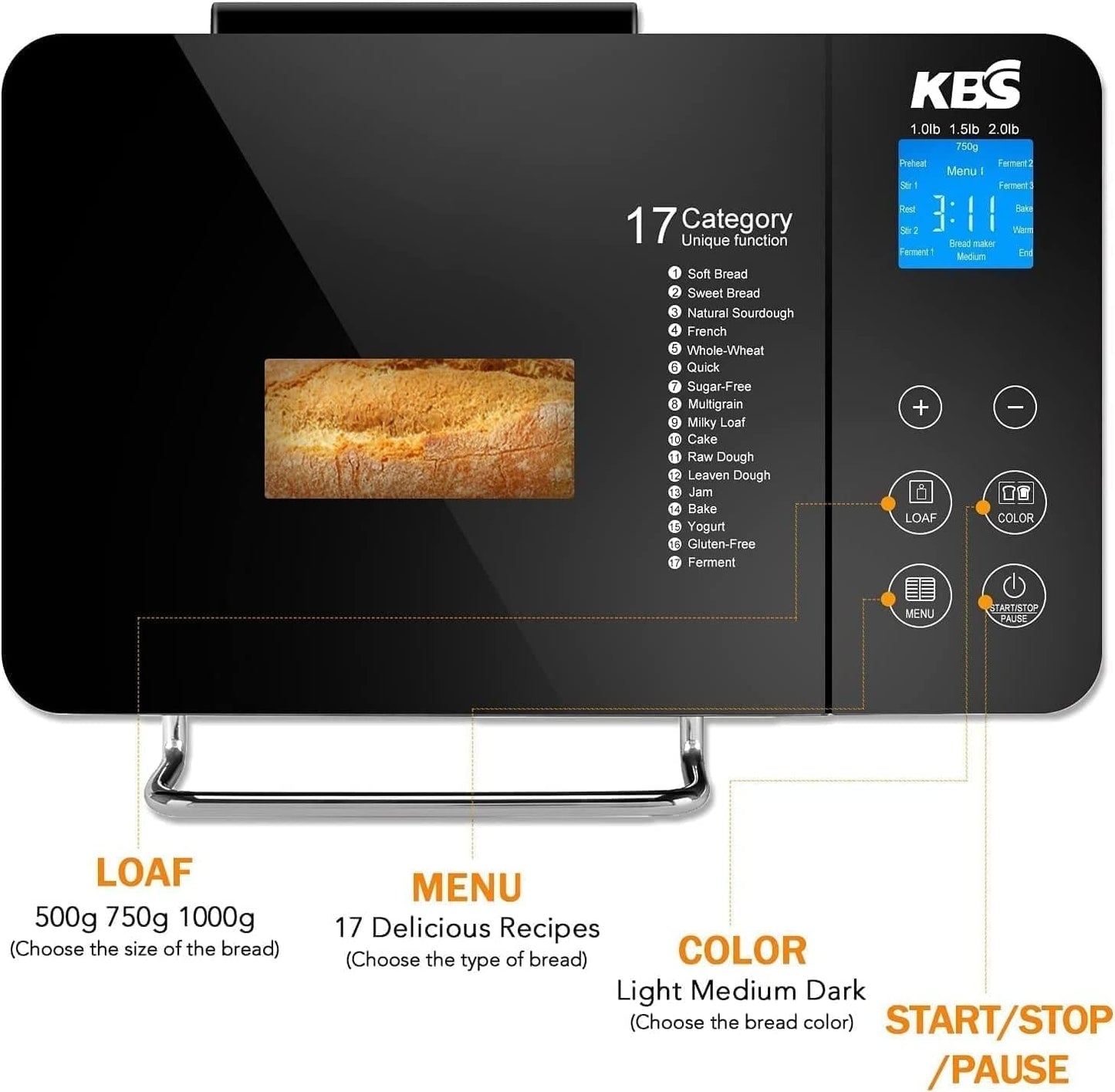 KBS Large 17-In-1 Bread Machine, 2LB All Stainless Steel Bread Maker with Auto Fruit Nut Dispenser, Nonstick Ceramic Pan, Full Touch Panel Tempered Glass, Reserve& Keep Warm Set, Oven Mitt and Recipes Animals & Pet Supplies > Pet Supplies > Dog Supplies > Dog Apparel KBS   